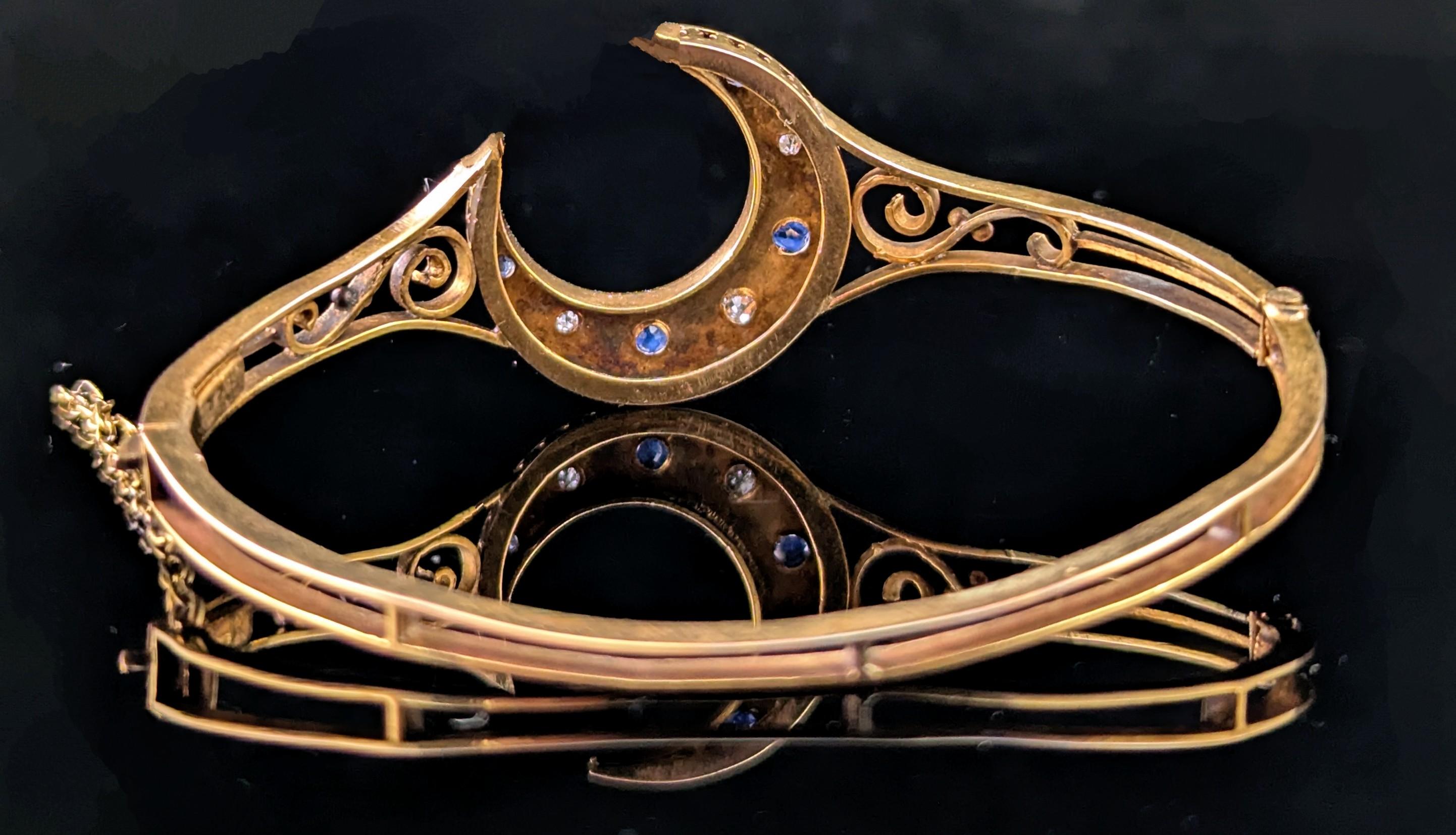 Women's Antique Crescent moon bangle, Sapphire and Diamond, 9k gold For Sale