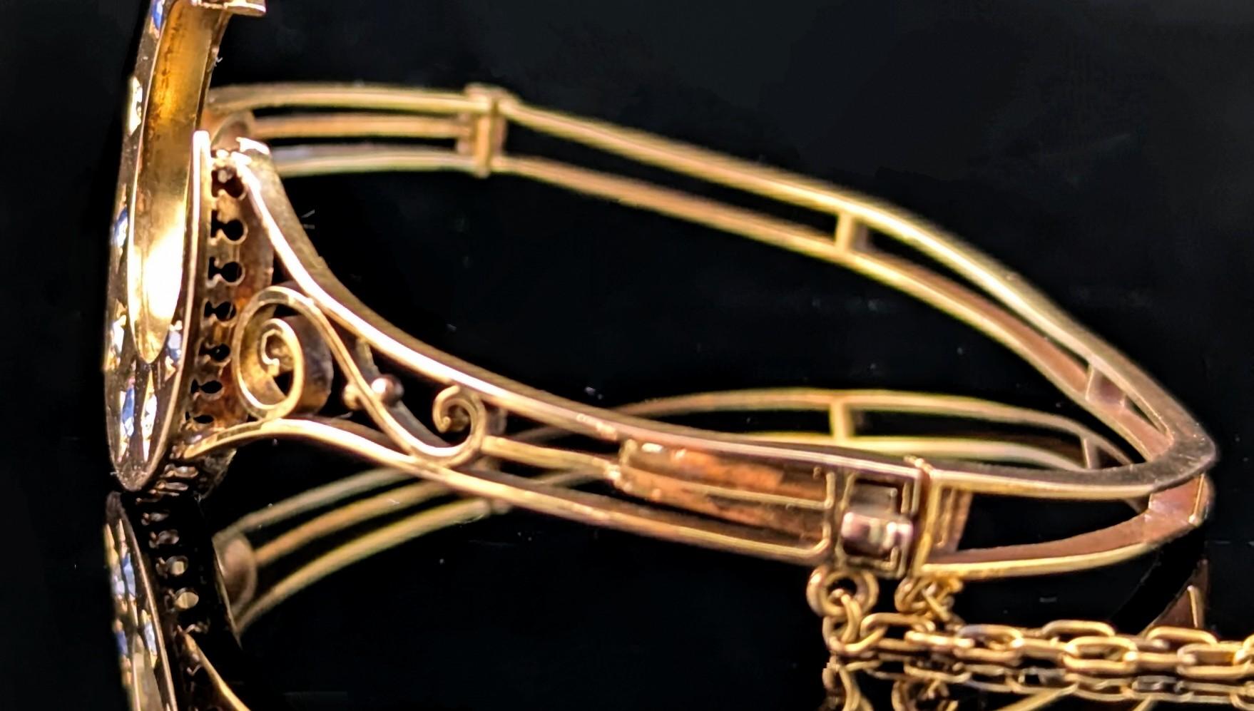 Antique Crescent moon bangle, Sapphire and Diamond, 9k gold For Sale 1