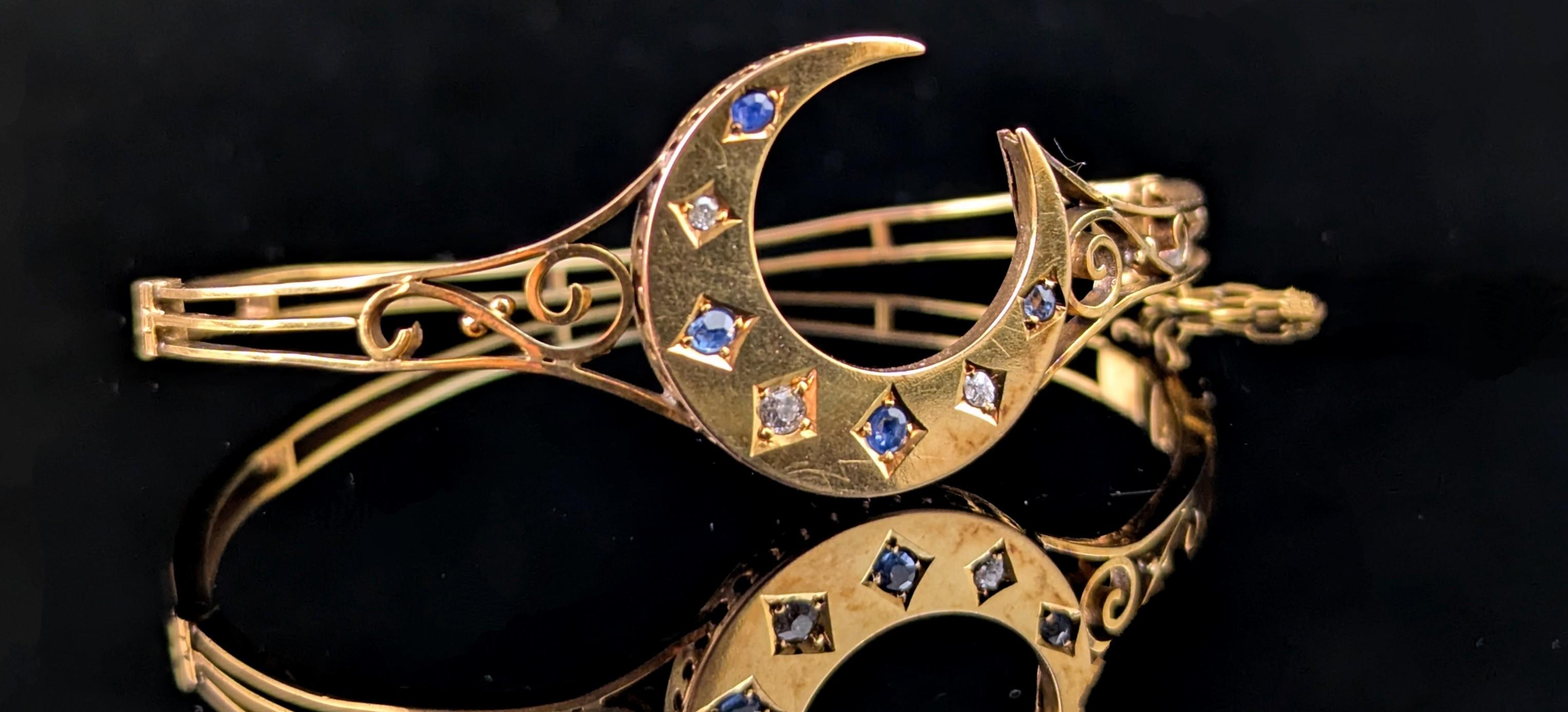 Antique Crescent moon bangle, Sapphire and Diamond, 9k gold For Sale 2