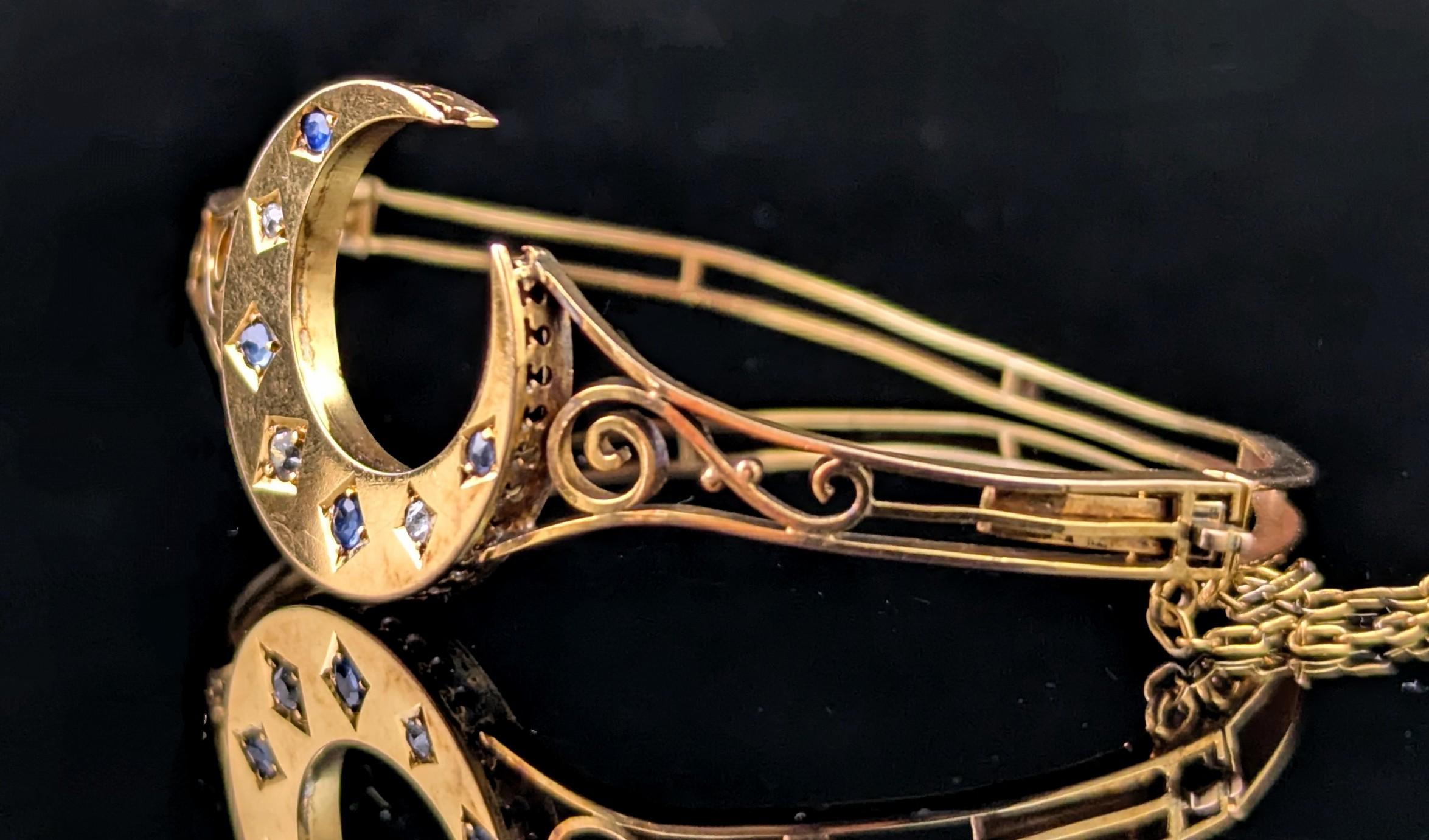 Antique Crescent moon bangle, Sapphire and Diamond, 9k gold For Sale 3