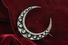 Antique Rose Cut Diamond Crescent Moon Brooch
