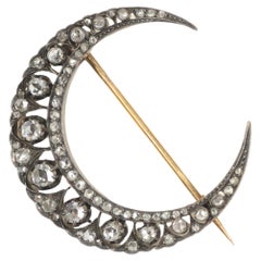 Antique Crescent Moon Brooch – 2.60ct Rose Cut Diamonds, 14K Rose Gold & Silver