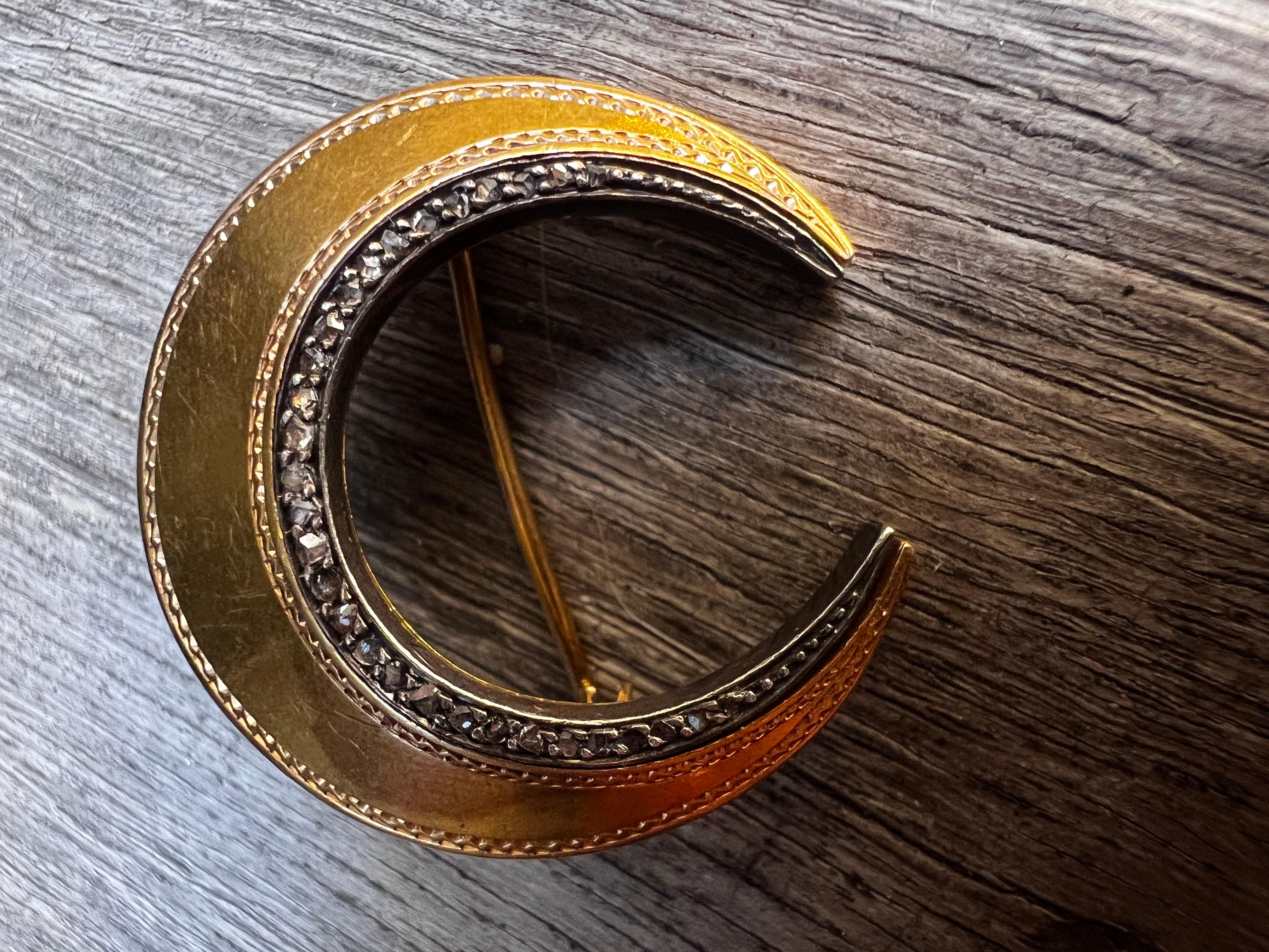 Broche ancienne Croissant de Lune Diamants taille rose Or jaune 18k Napoléon III en vente 7