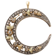 Antique Crescent Moon  With Rose Diamonds And Gold Repousse'