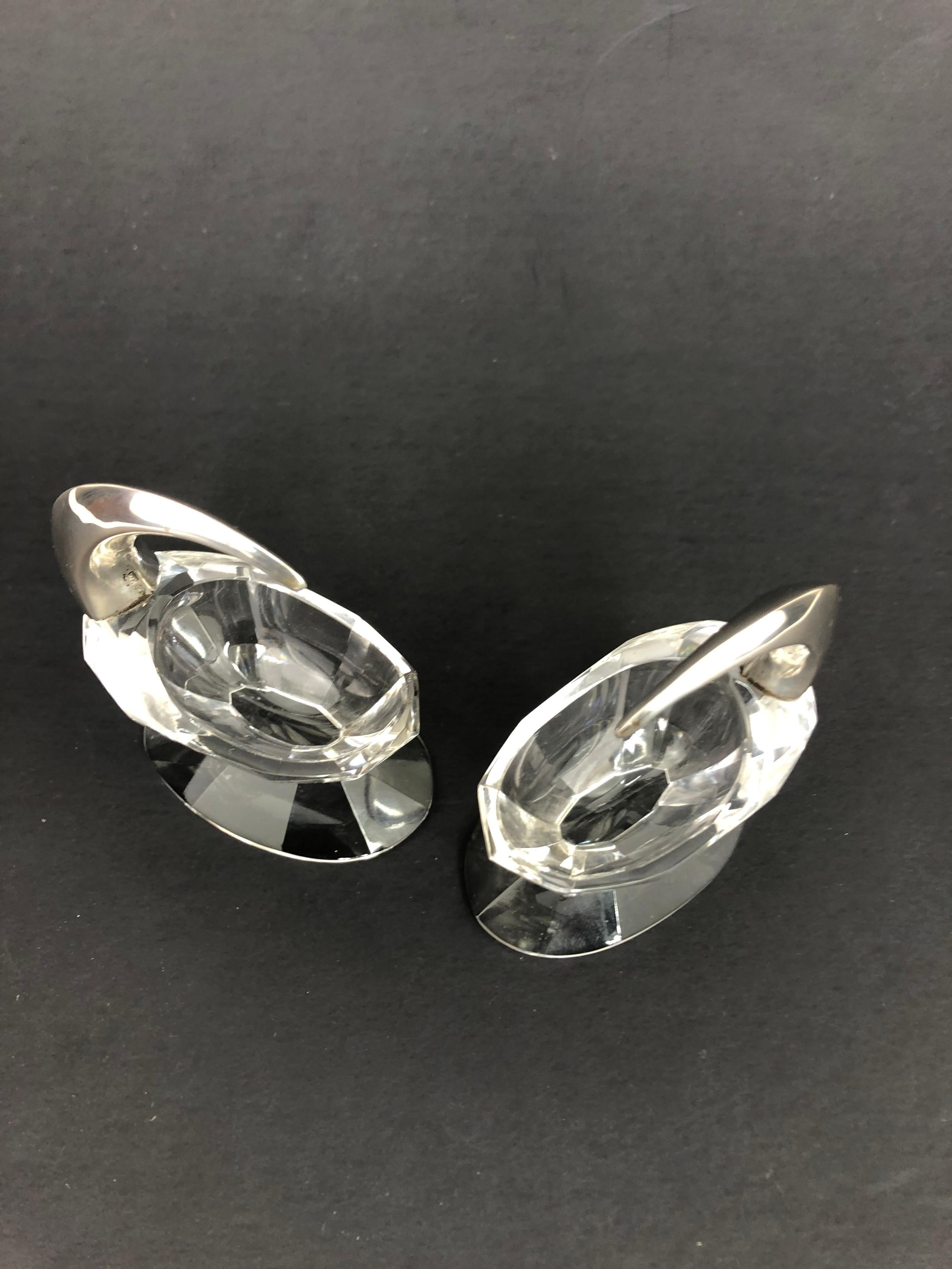 Mid-20th Century Antique Crescent Sterling Silver and Crystal Salt Cellars