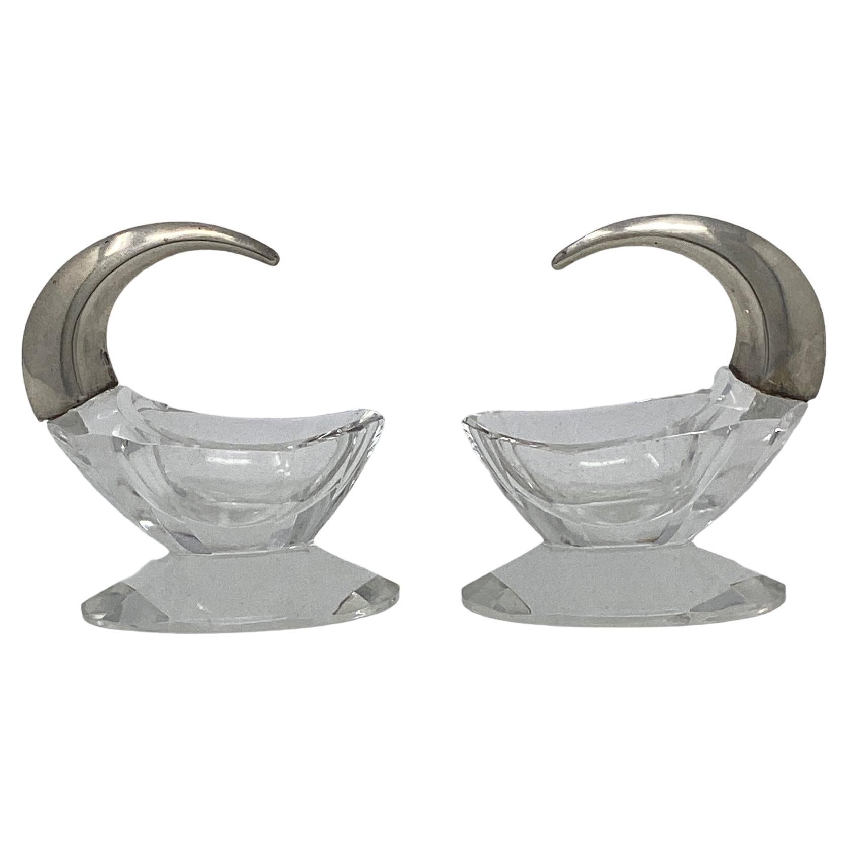 Antique Crescent Sterling Silver and Crystal Salt Cellars  For Sale