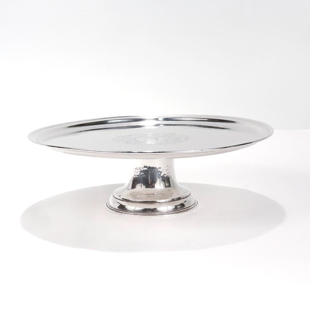 Edwardian Antique Crested Crichton Bros. Hand Hammered Sterling Silver Tazza or Cake Stand For Sale