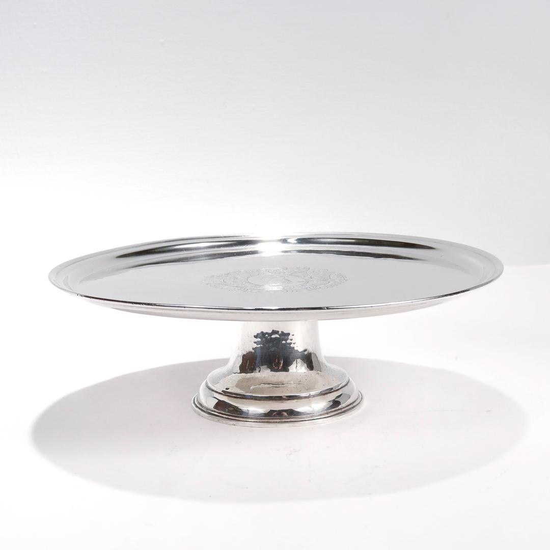 Women's or Men's Antique Crested Crichton Bros. Hand Hammered Sterling Silver Tazza or Cake Stand For Sale