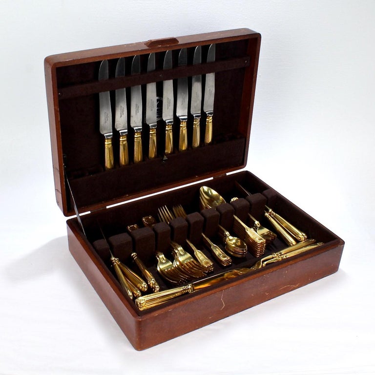 Antique Crested English Mappin and Webb Gold-Plated Luncheon Flatware Set For Sale at 1stdibs