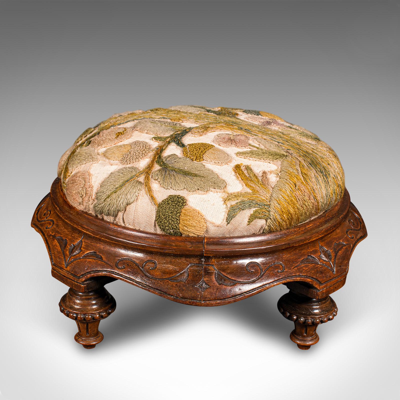 Late Victorian Antique Crewel Work Footstool, English, Walnut, Embroidery, Stool, Victorian