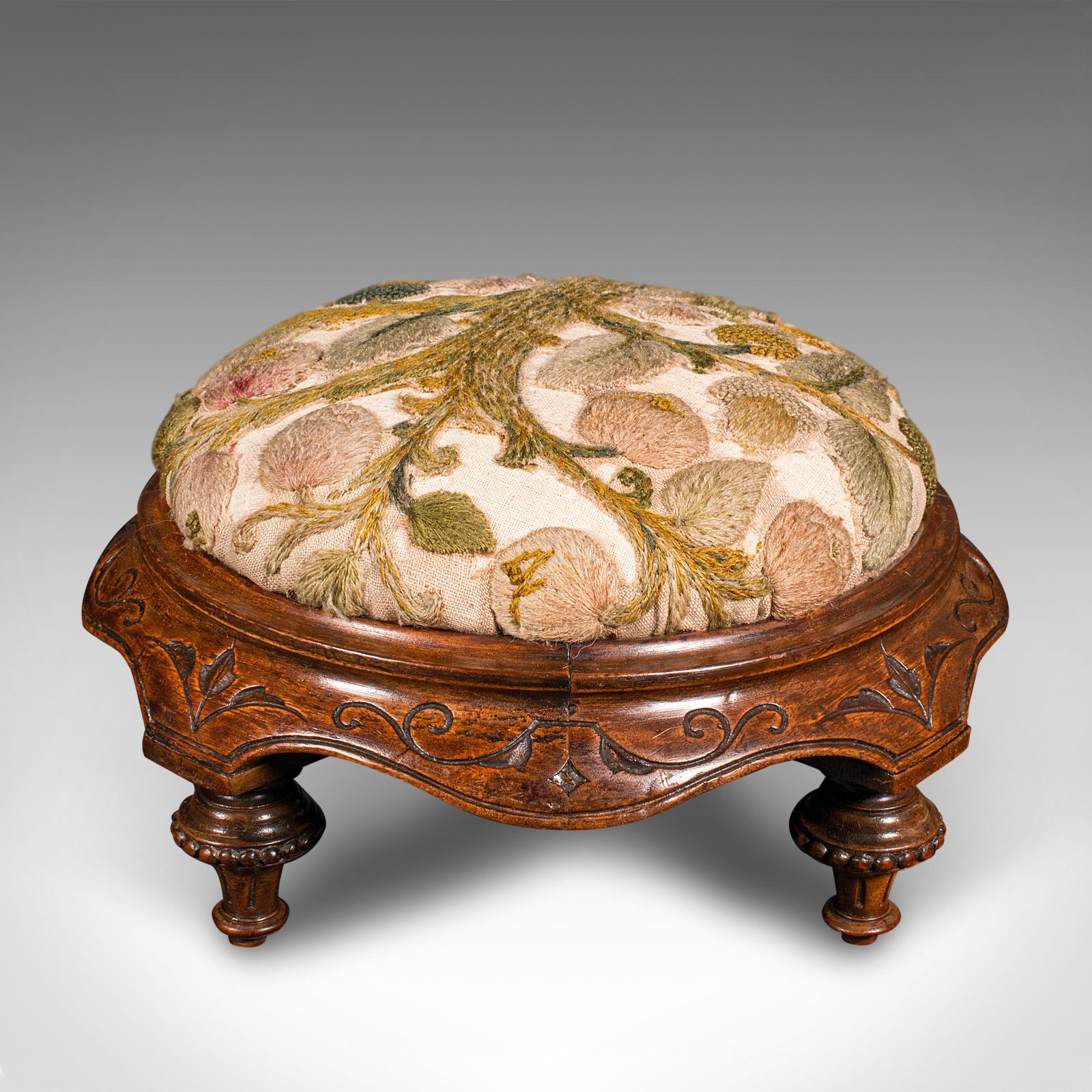 British Antique Crewel Work Footstool, English, Walnut, Embroidery, Stool, Victorian
