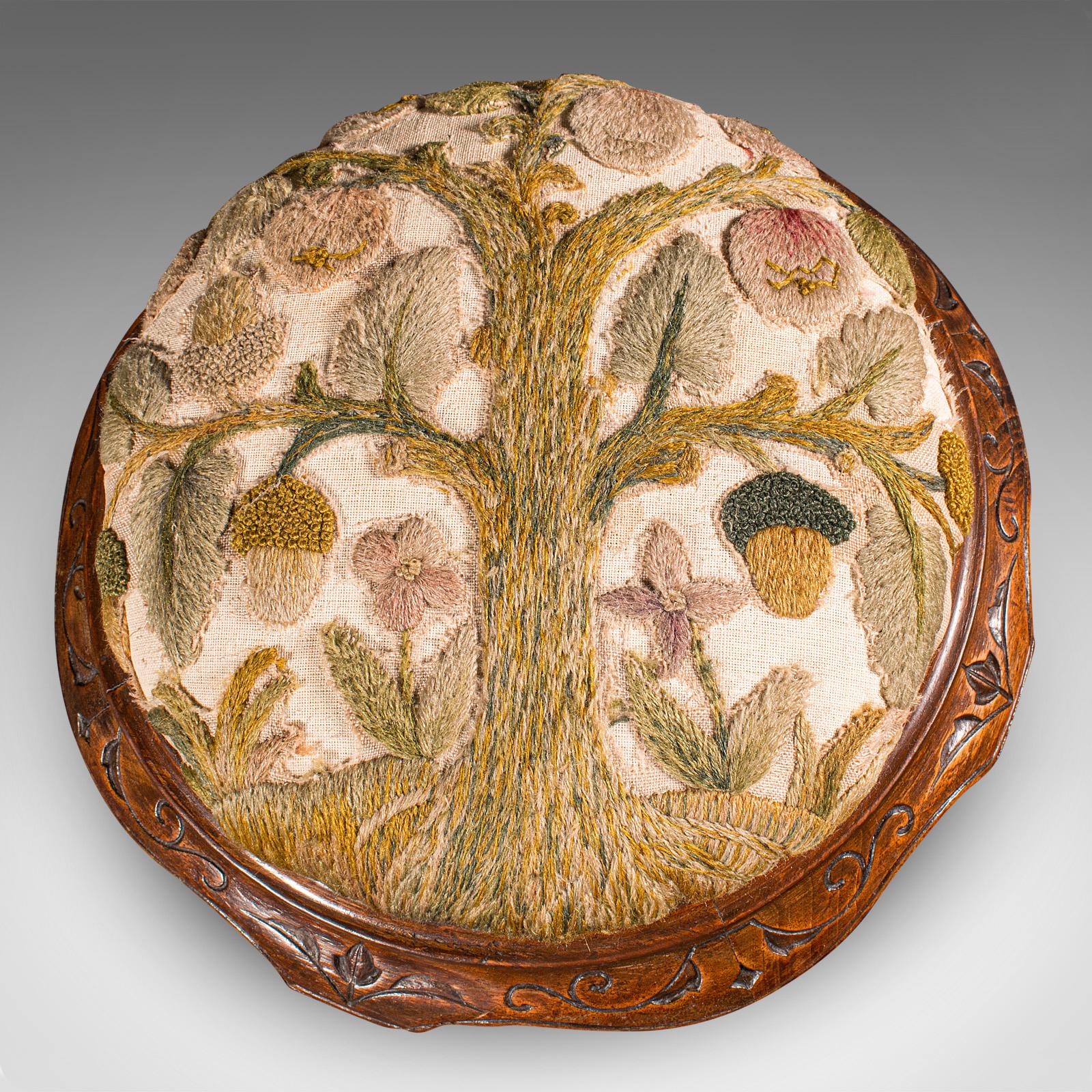 19th Century Antique Crewel Work Footstool, English, Walnut, Embroidery, Stool, Victorian