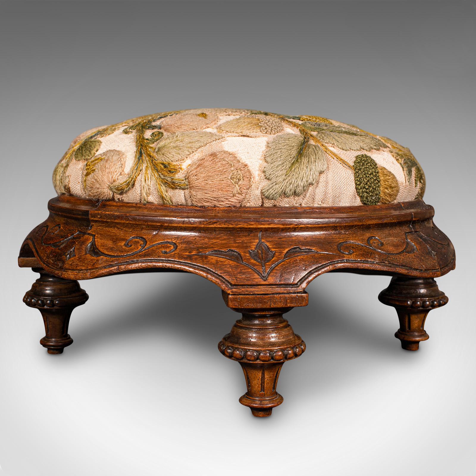 Antique Crewel Work Footstool, English, Walnut, Embroidery, Stool, Victorian 1