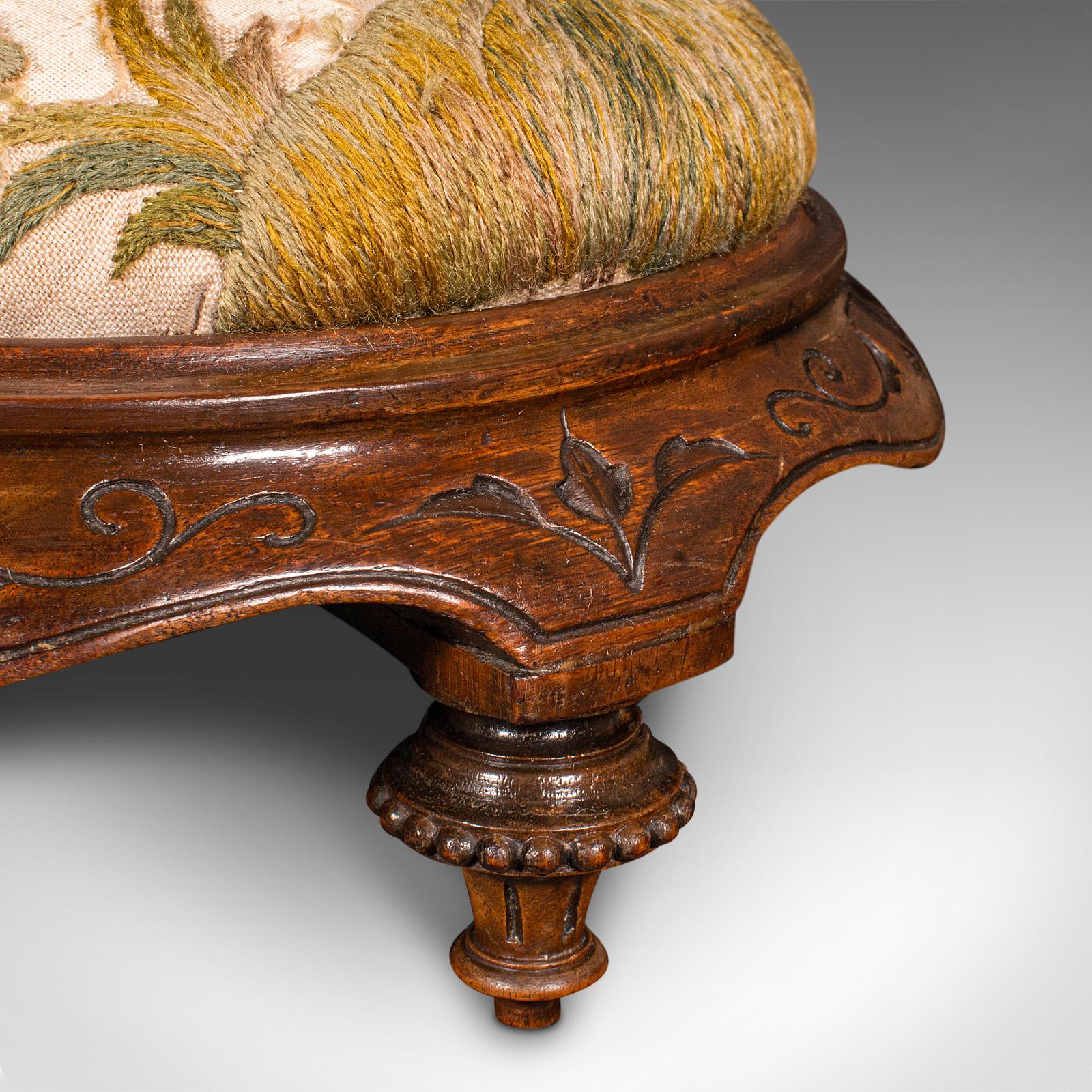 Antique Crewel Work Footstool, English, Walnut, Embroidery, Stool, Victorian 2