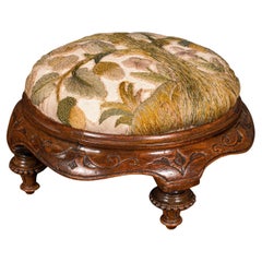 Antique Crewel Work Footstool, English, Walnut, Embroidery, Stool, Victorian