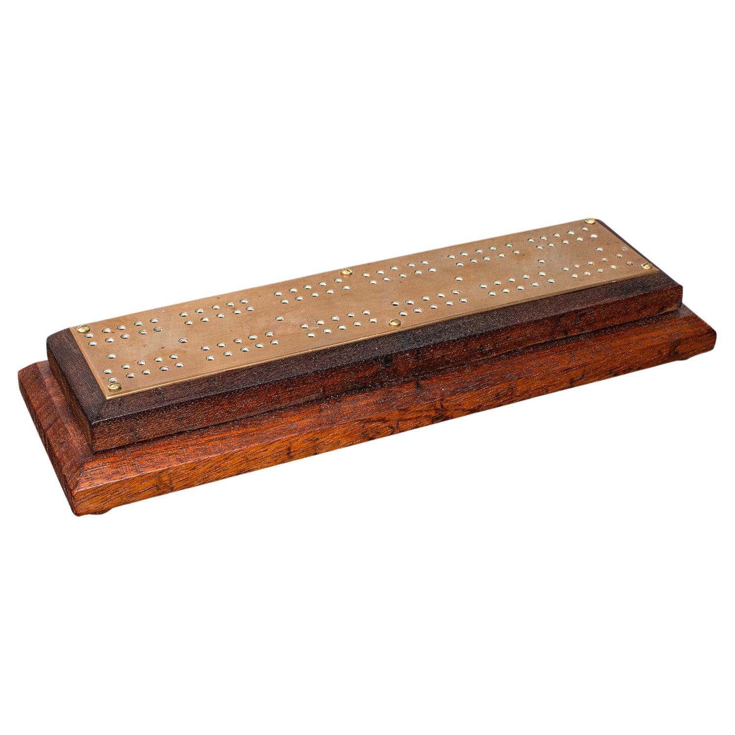 Antique Cribbage Board, English, Oak, Brass, Card Game Scoreboard, Circa 1920
