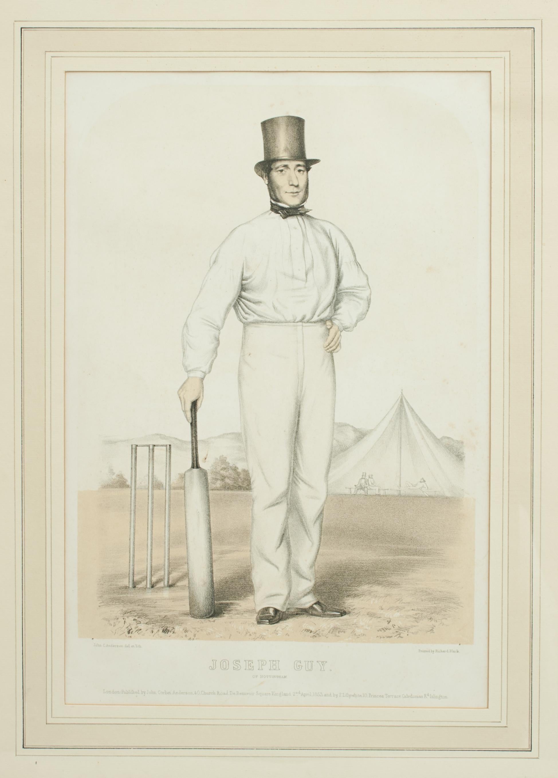 Cricket print of Joseph Guy of Nottingham.
A framed, tinted and hand colored lithographic portrait of the All- England cricketer Joseph Guy (1813 - 1873) of Nottingham after John Corbet Anderson. Printed by Richard Black and published by Anderson &