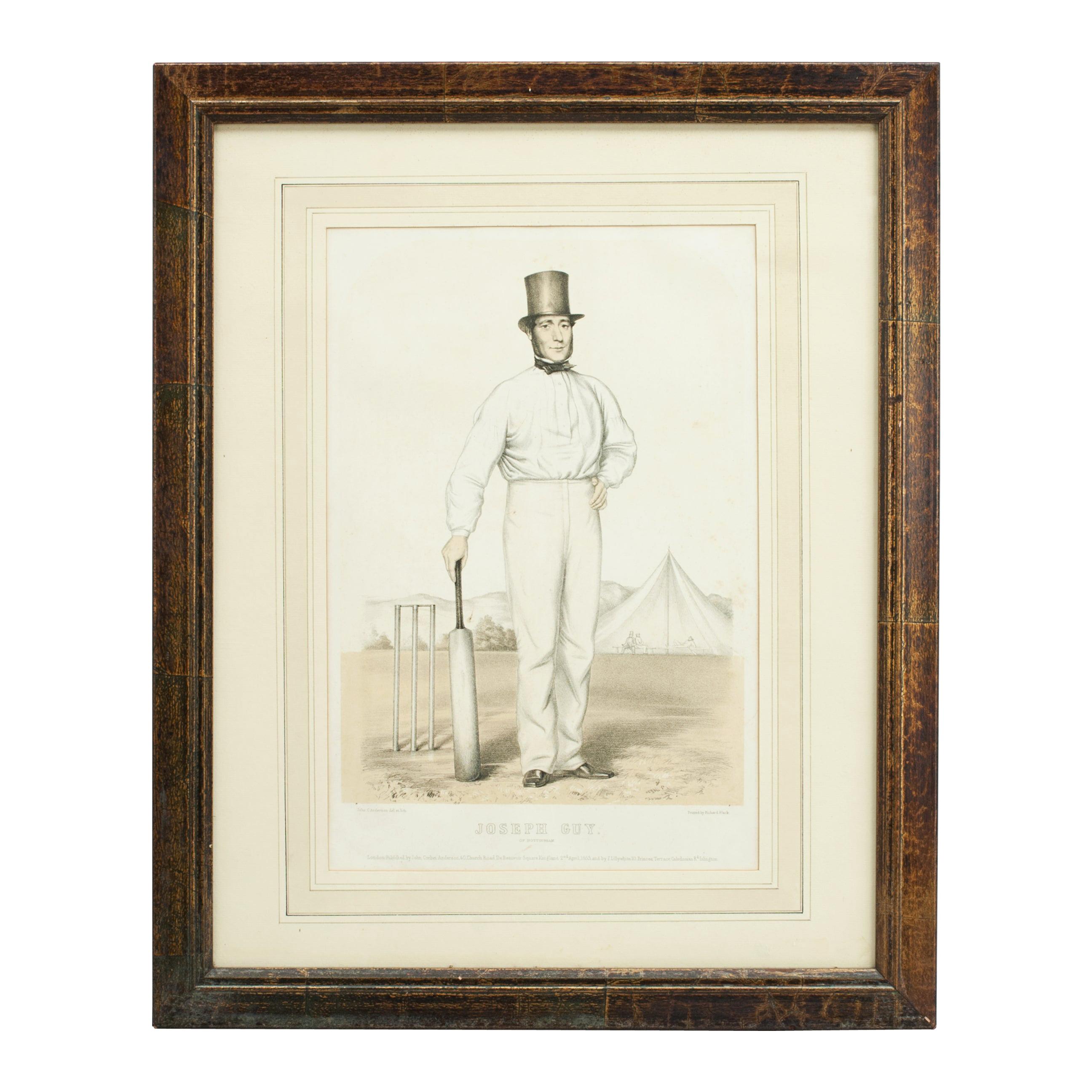 Antique Cricket Print of Joseph Guy of Nottingham For Sale