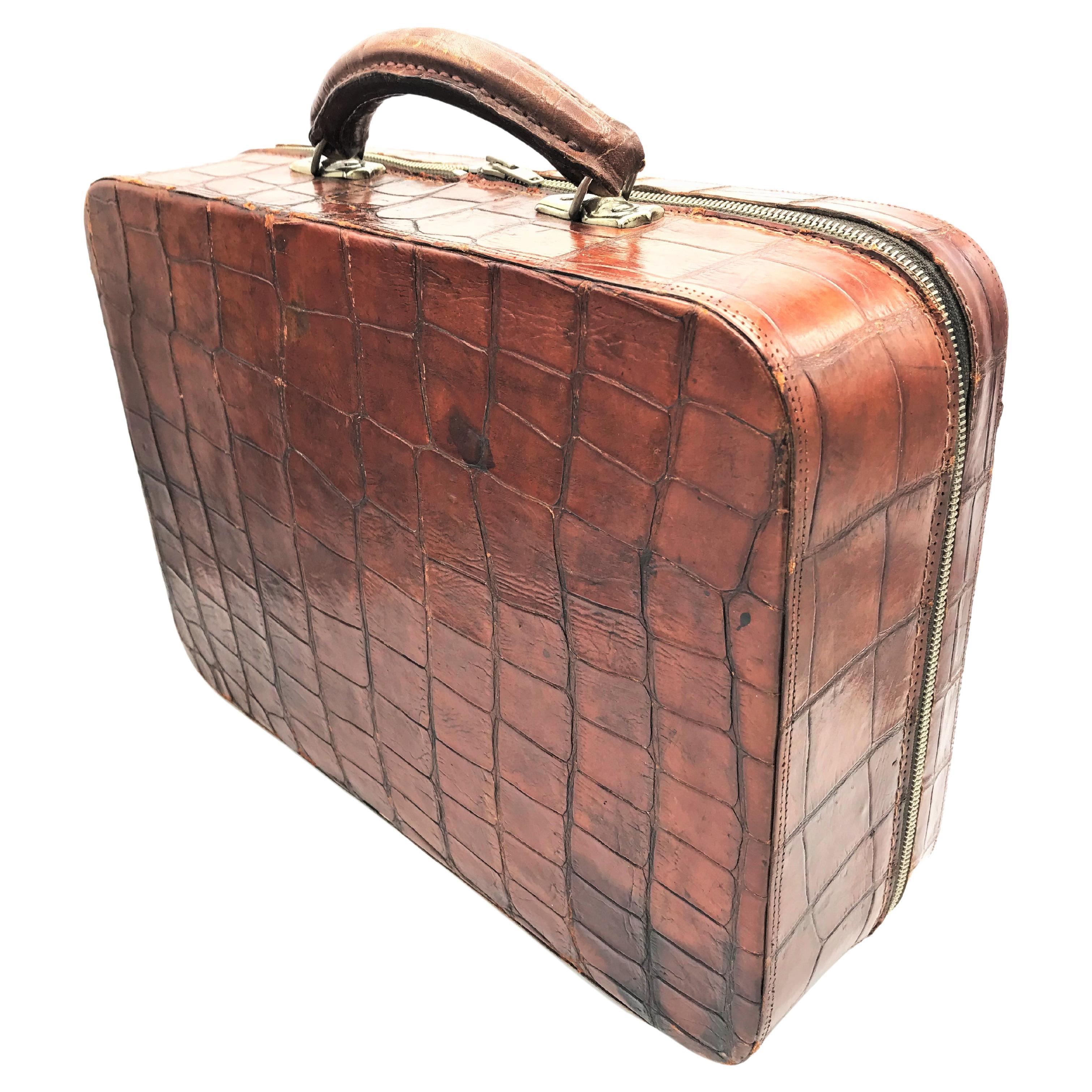 Brown Antique Crocodile Beautycase around 19th Century UK For Sale