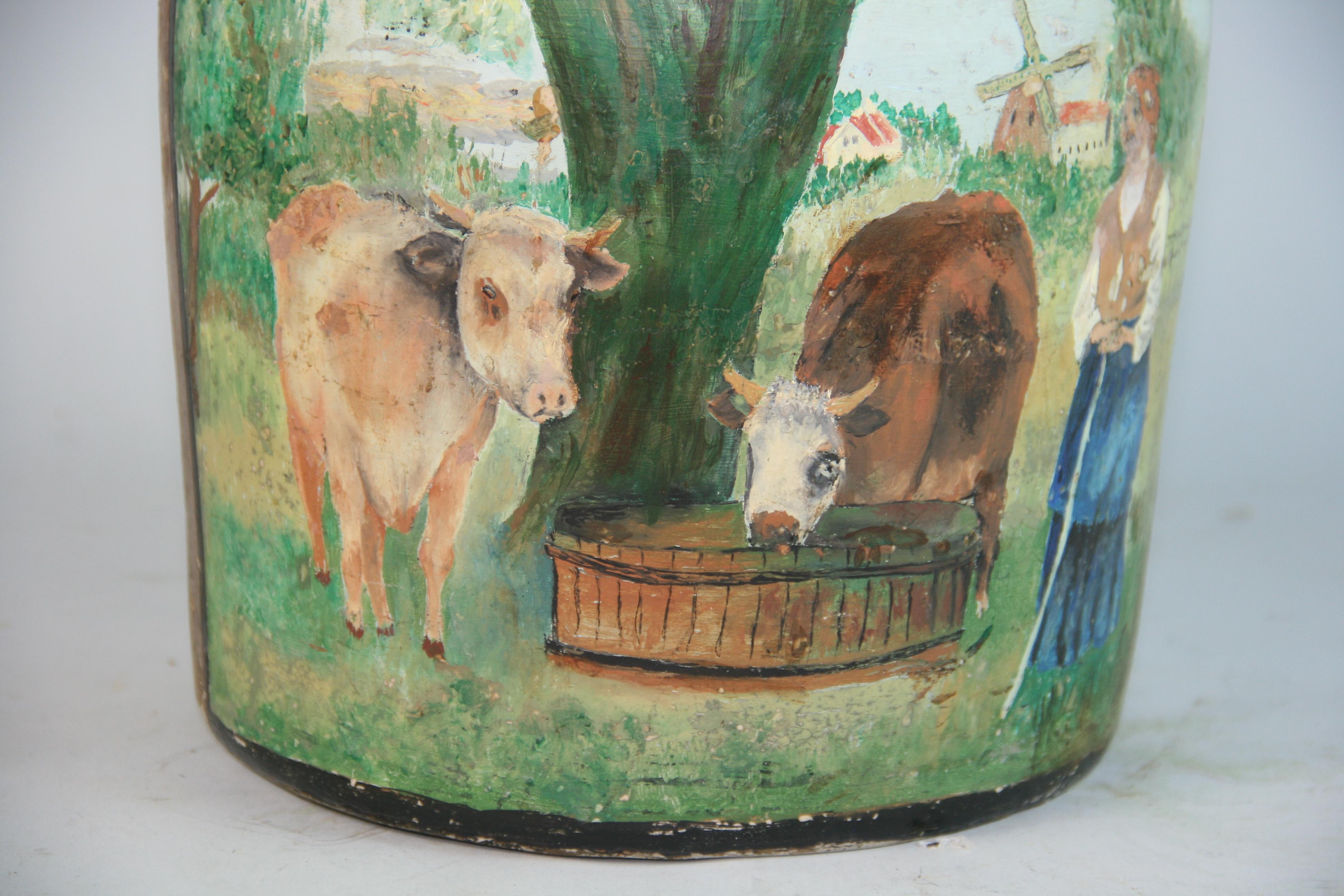 Pot de rocher antique peint à la main avec une scène bucolique de vaches Bon état - En vente à Douglas Manor, NY