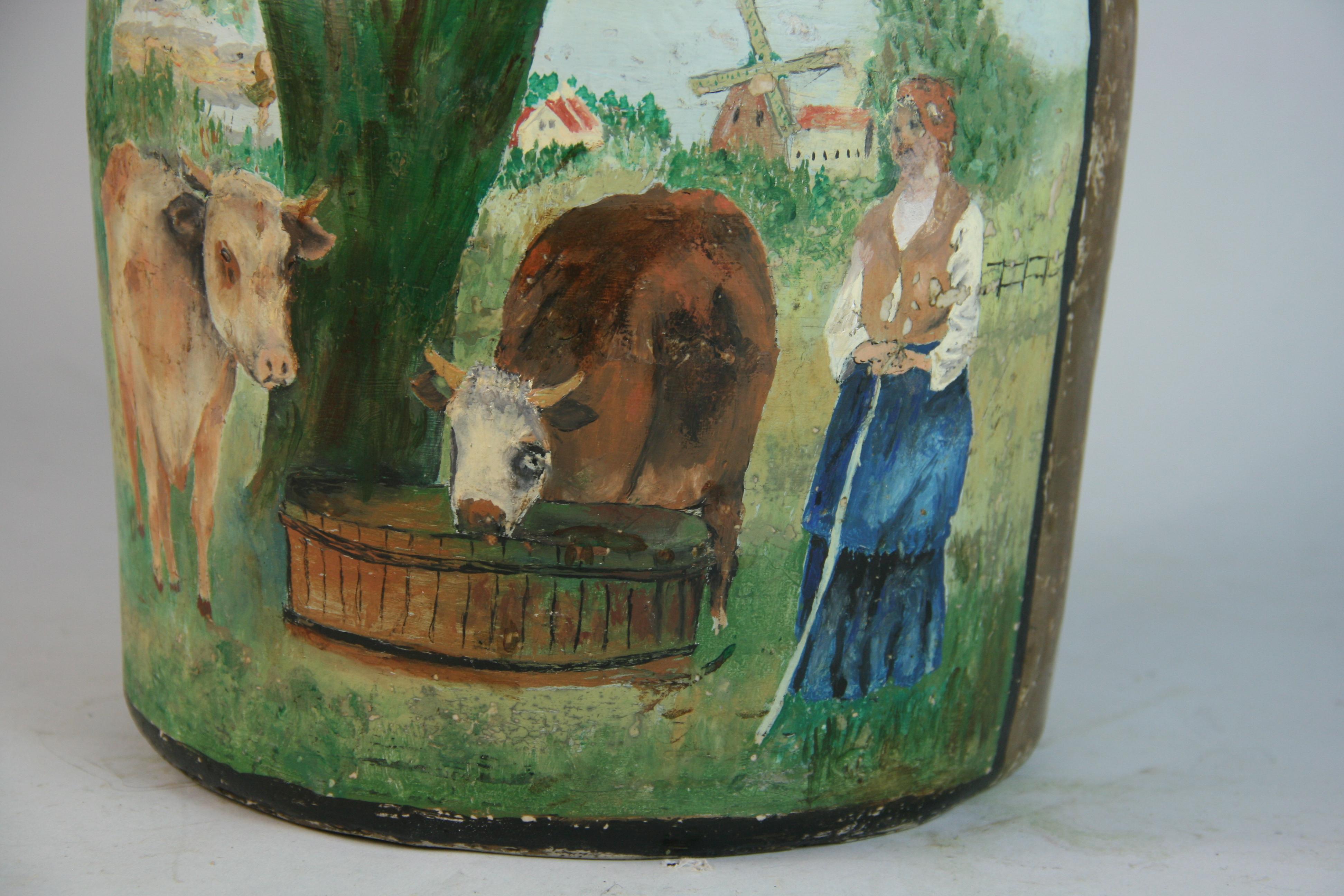 Fin du XIXe siècle Pot de rocher antique peint à la main avec une scène bucolique de vaches en vente