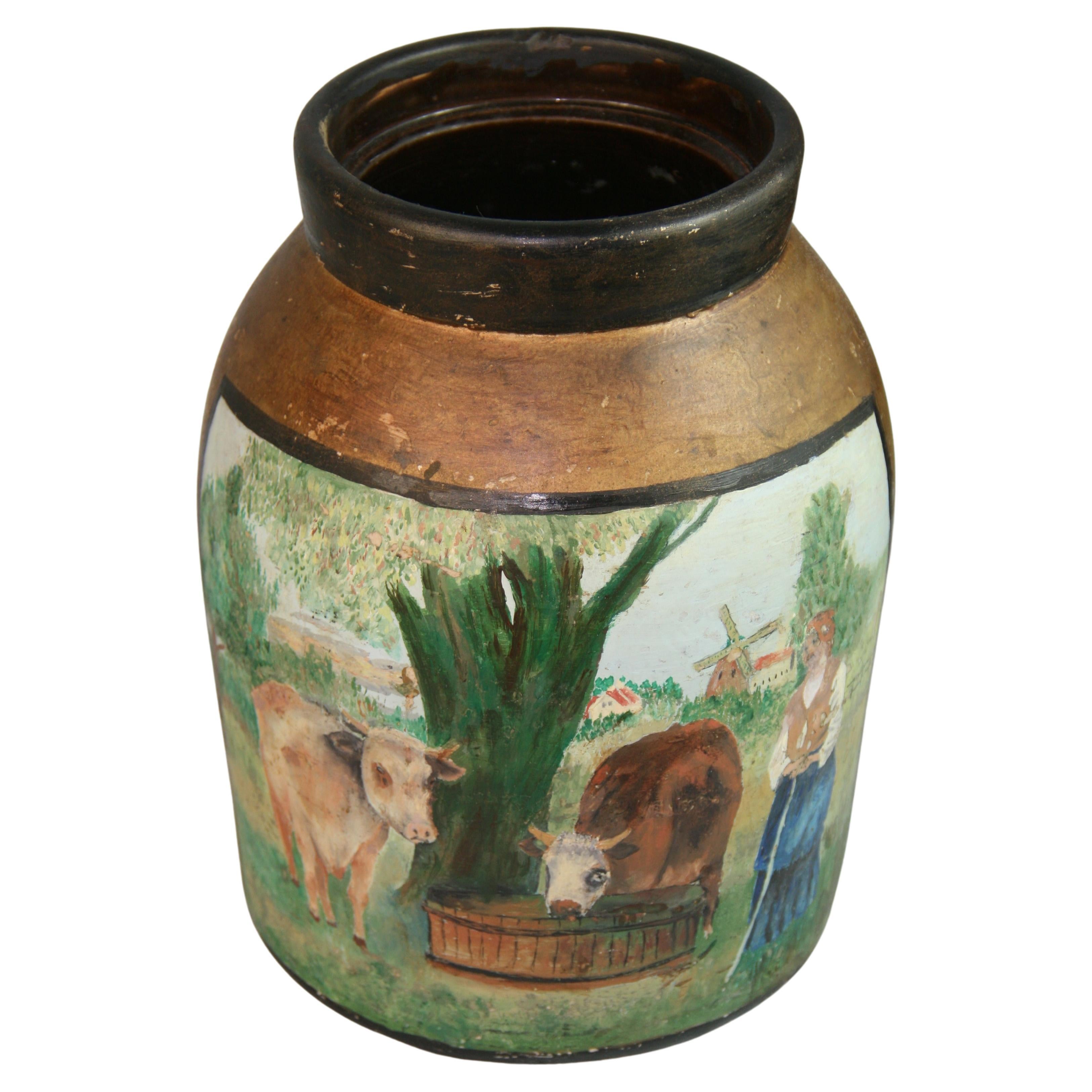 Antique Folk Art Crock Pot Hand Painted with Cows Bucolic Scene