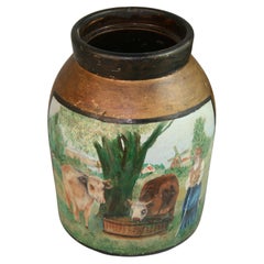Antique Folk Art Crock Pot Hand Painted with Cows Bucolic Scene