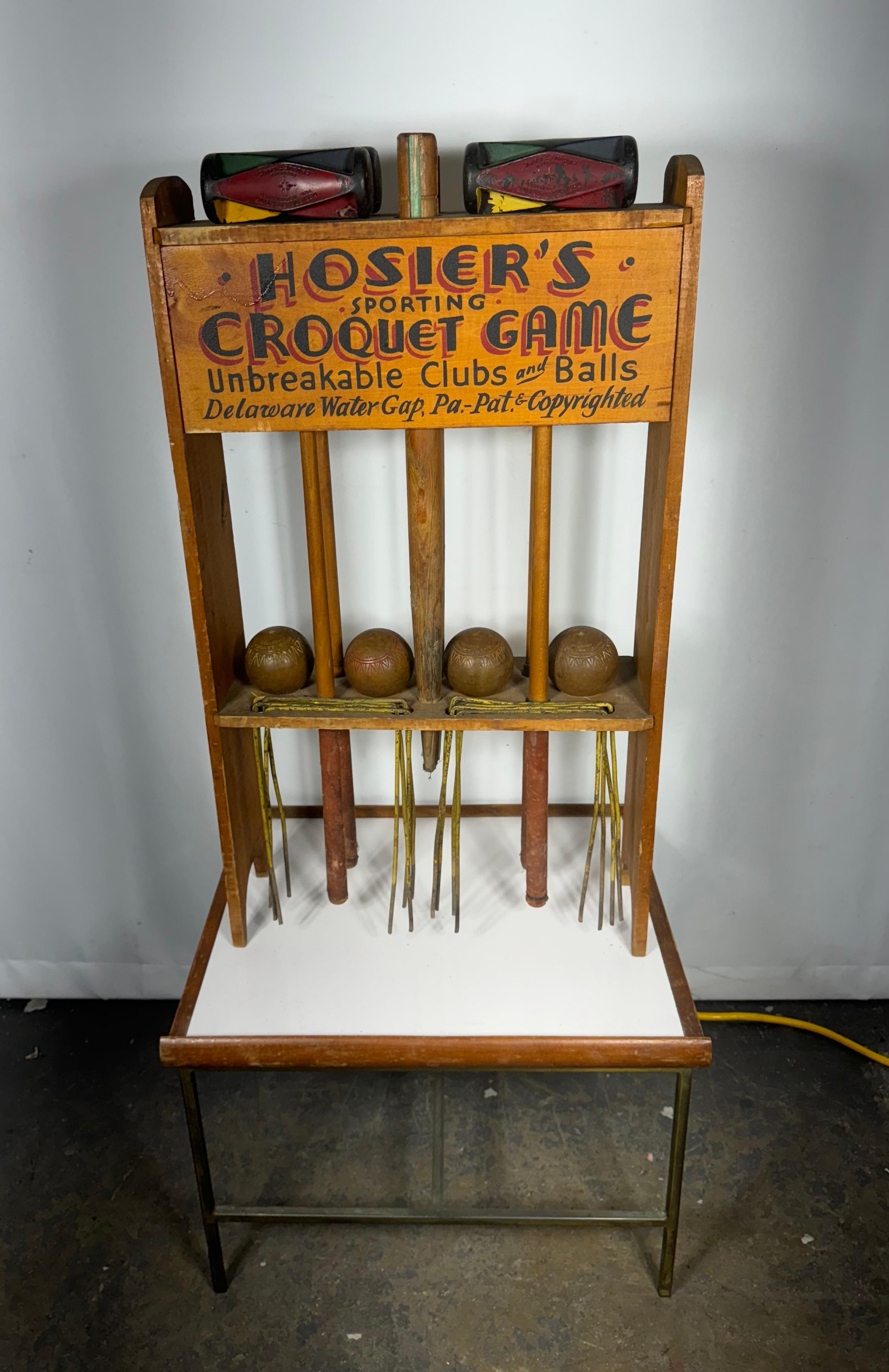 Antique Croquet Set with hand painted stand (nameplate) by Goodrich sold by Hosier's Sporting... Amazing Complete set for 4 players.. Carved and painted clubs. embossed signatures on clubs and balls,,hand painted stylized name-plate, on stand. 