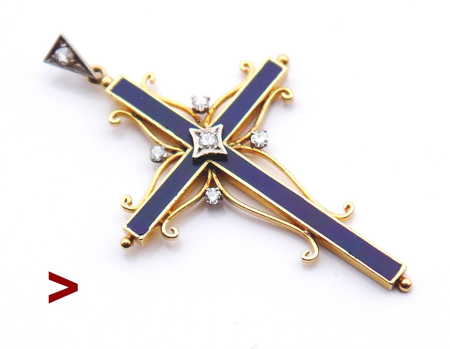 Russian or European ca. early XX cent. Gold, Enamel and Diamonds Cross Pendant.

Handcrafted in 18K Yellow Gold (tested) , enameled with cobalt Blue enamel and accented with 5old European diamond cut Diamonds ( color ca G,H /VVS) +1 rose cut diamond