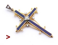 Antique Cross Crucifix Diamonds solid 18K Gold Blue Enamel  / 6.7 gr