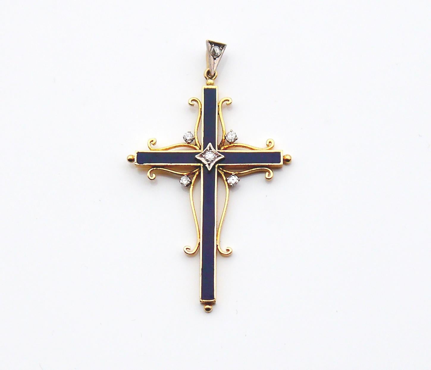 Art Nouveau Antique Cross Crucifix Diamonds solid 18K Gold Blue Enamel  / 6.7 gr For Sale