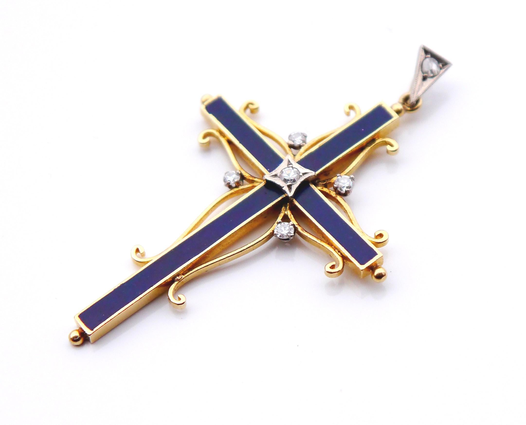 Women's or Men's Antique Cross Crucifix Diamonds solid 18K Gold Blue Enamel  / 6.7 gr For Sale