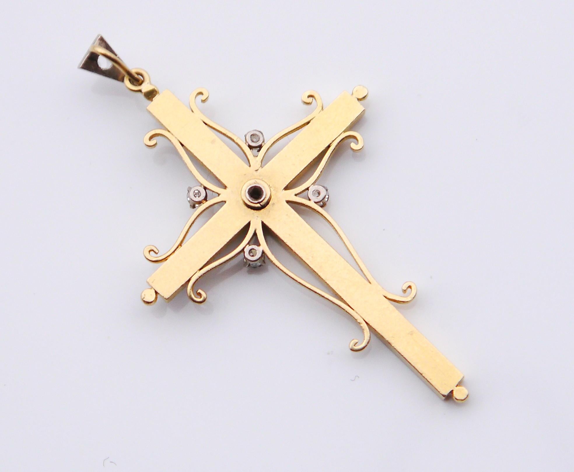 Antique Cross Crucifix Diamonds solid 18K Gold Blue Enamel  / 6.7 gr For Sale 1