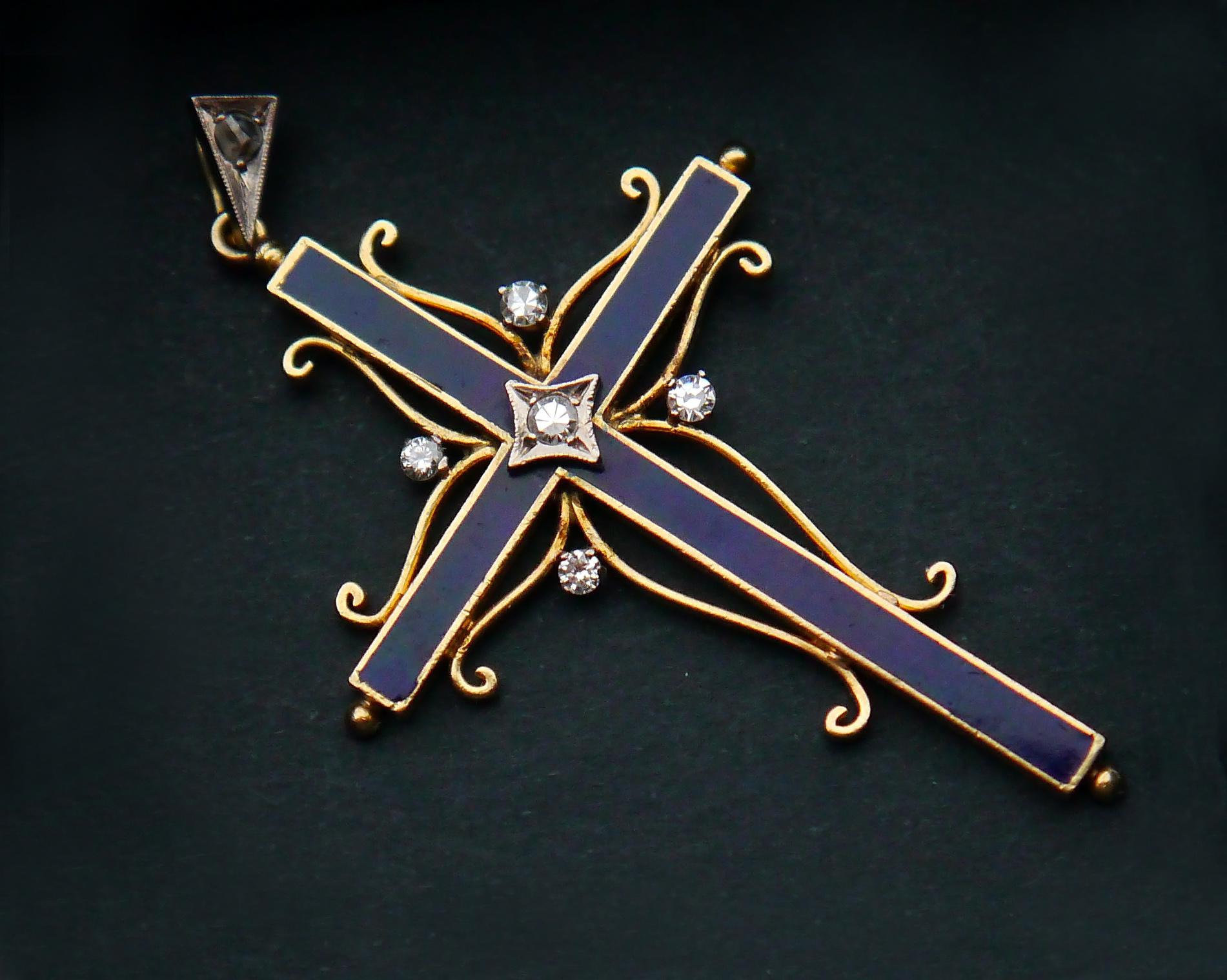 Antique Cross Crucifix Diamonds solid 18K Gold Blue Enamel  / 6.7 gr For Sale 2