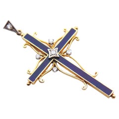 Antique Cross Crucifix Diamonds solid 18K Gold Blue Enamel  / 6.7 gr