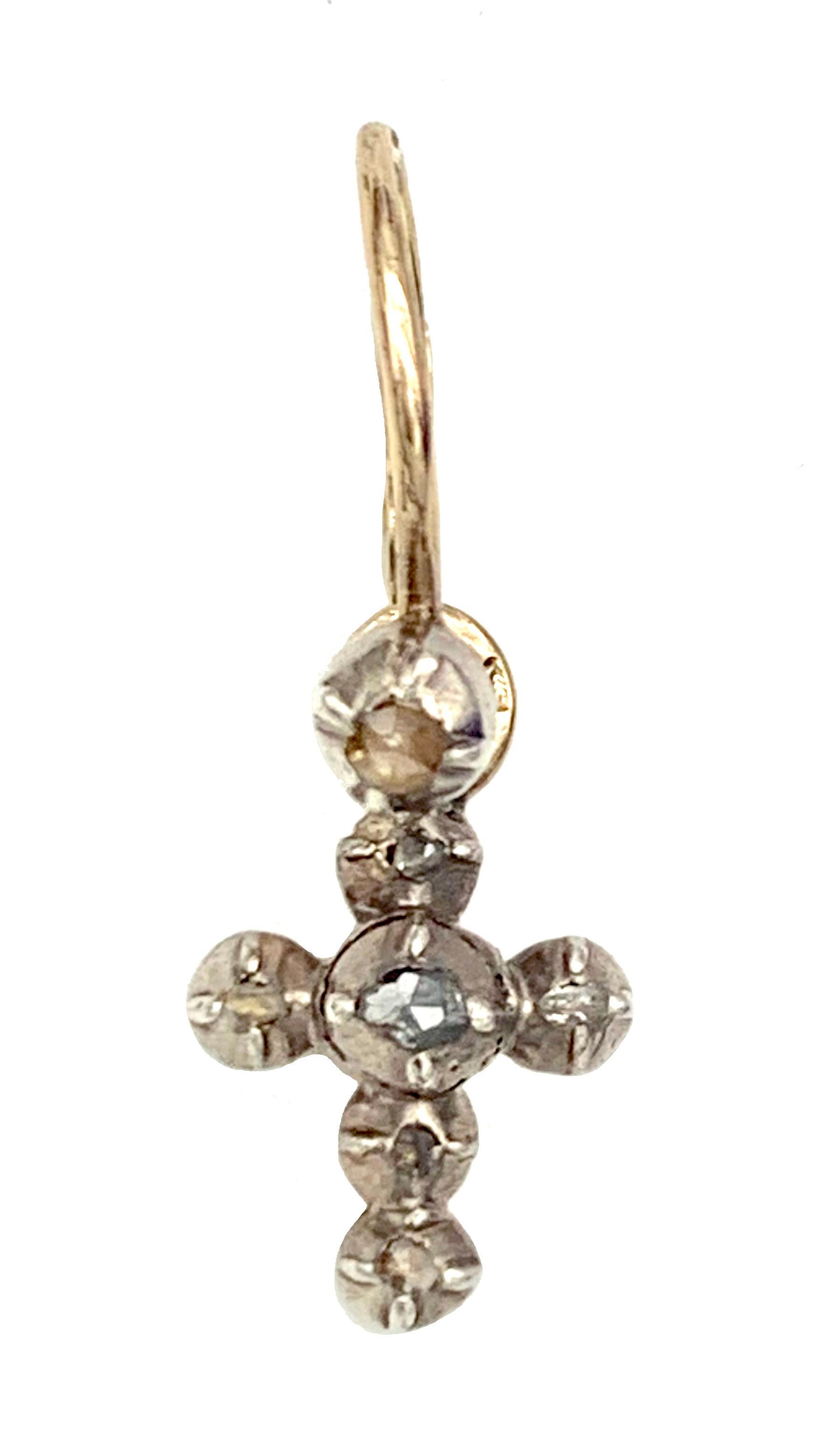 Antiquités Croix Pendants d'oreilles Dangle Boucles d'oreilles Rose Diamants Argent 14K Or Bon état - En vente à Munich, Bavaria