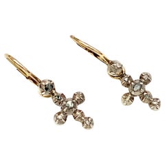 Antique Cross Drop Earrings Dangle Earrings Rose Diamonds Silver 14K Gold