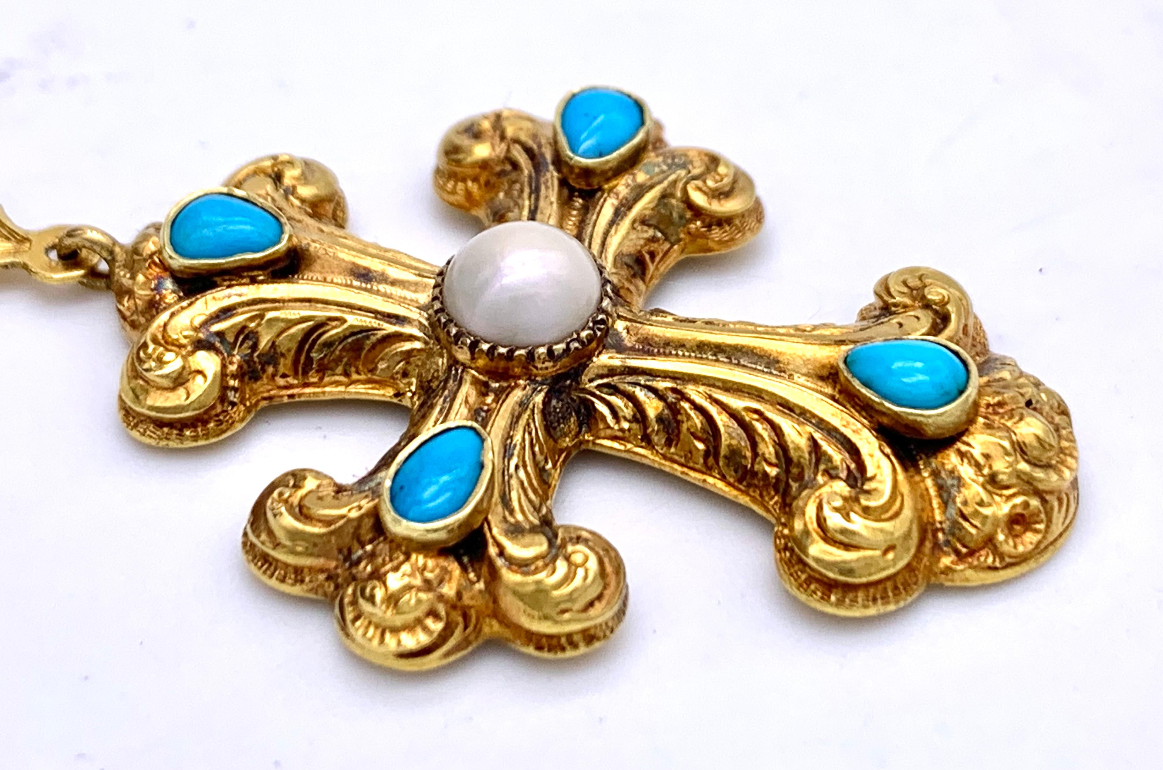 Antiker antiker Kreuz-Herz-Anhänger 14 Karat Gold Türkis Cabochon Natur-River-Perle (George IV.) im Angebot