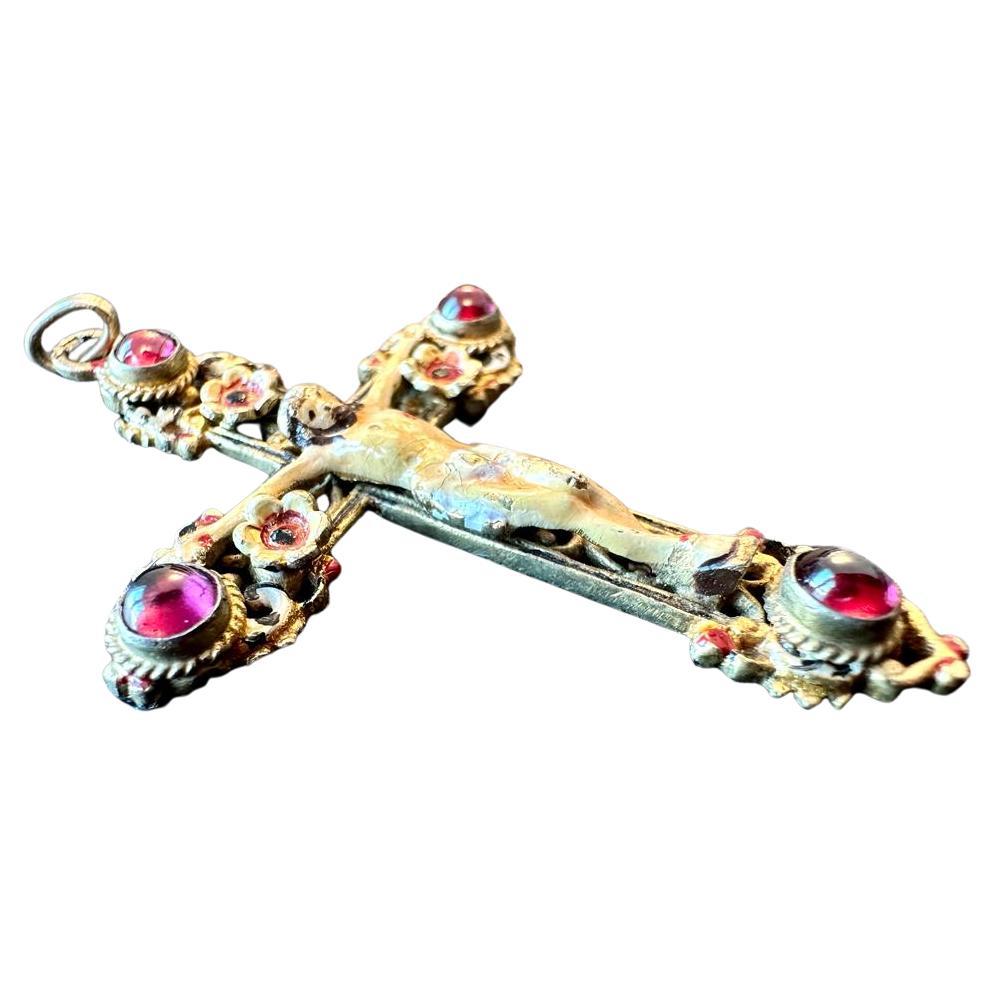 Antique Crucifix in 835 Silver, Gold Plated with Enamel and Garnet Decoration For Sale