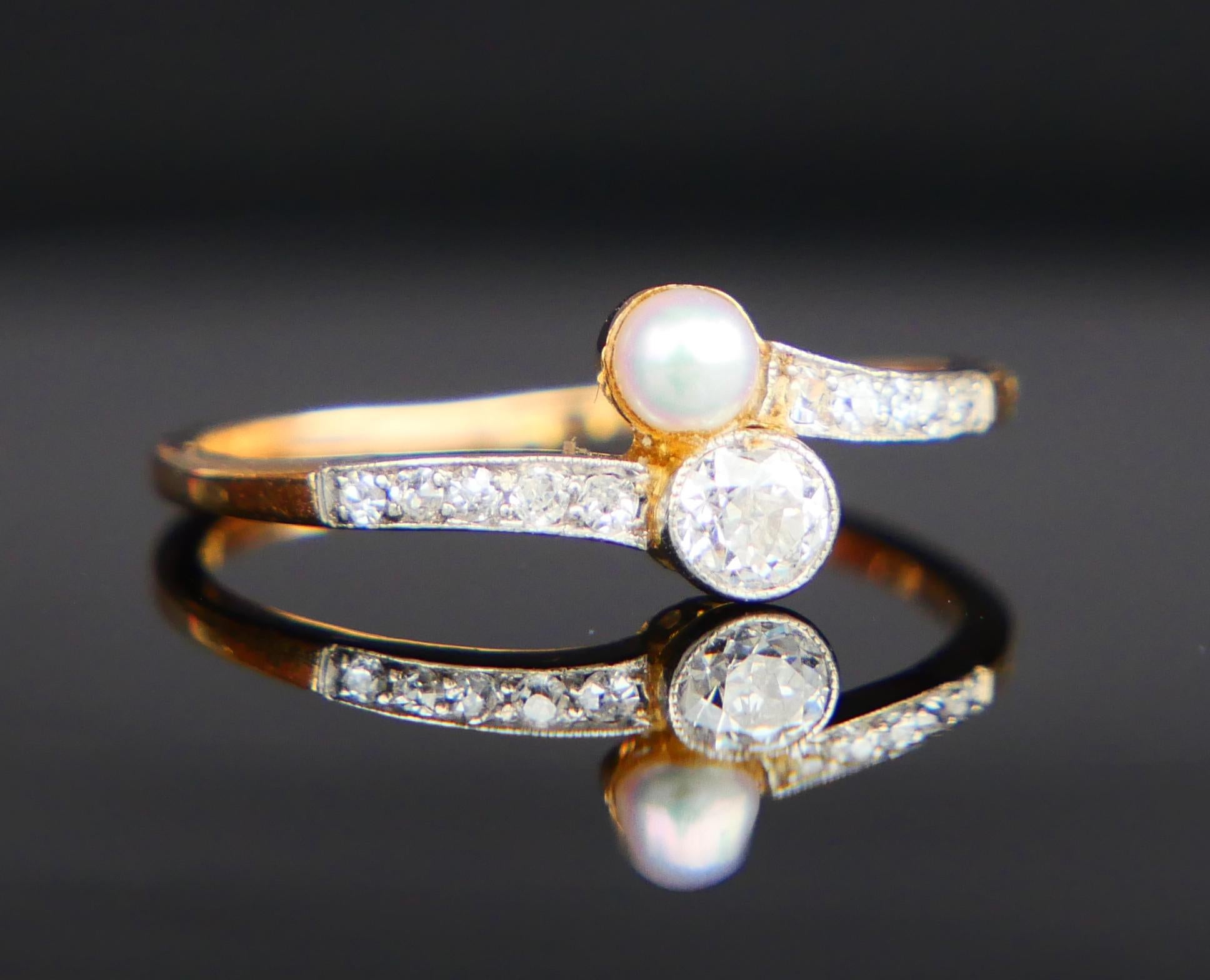 Antique Cross Over Ring 0.45ctw. Diamonds Pearl 18K Gold Platinum ØUS7.5 /1.9gr  For Sale 6