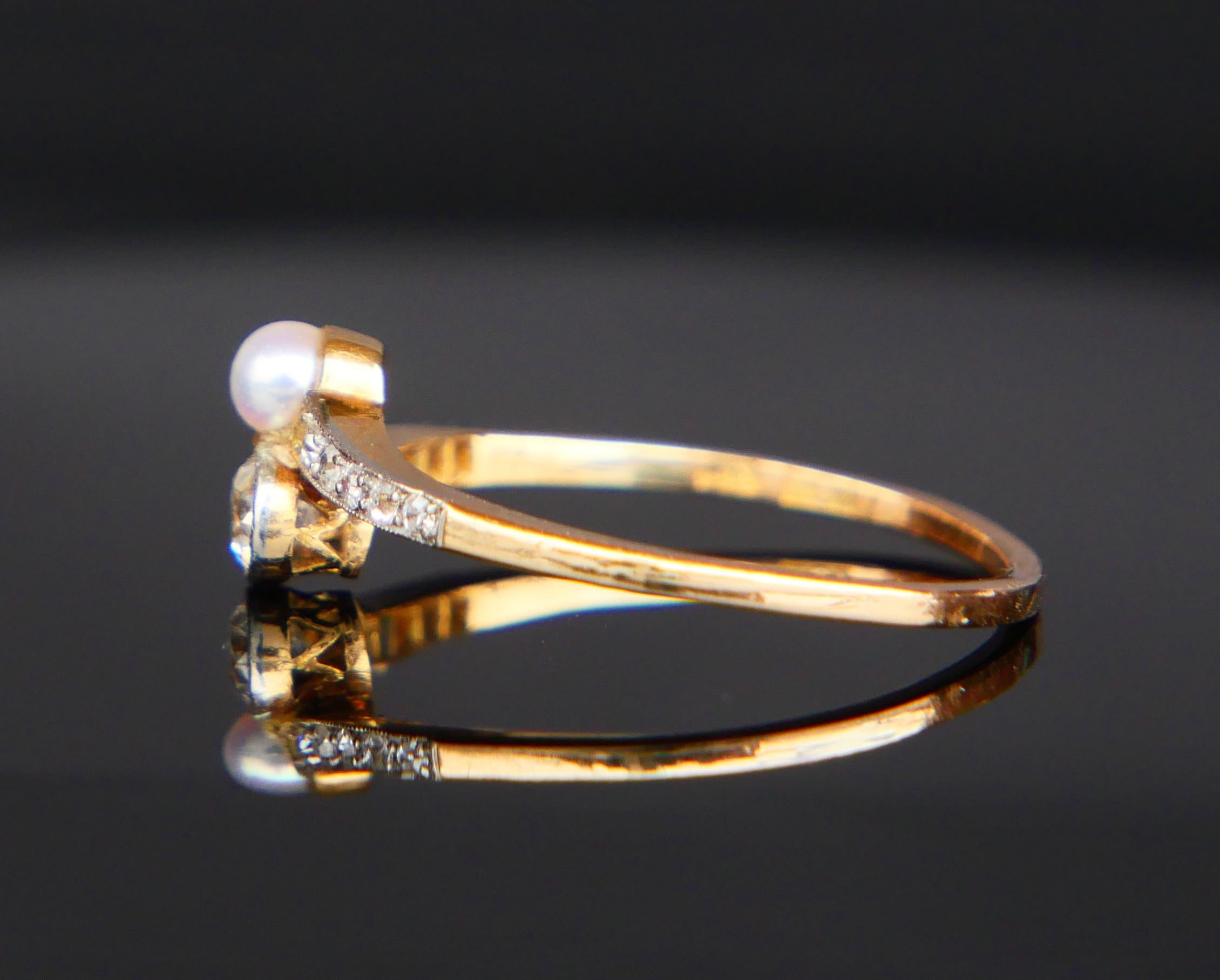 Antique Cross Over Ring 0.45ctw. Diamonds Pearl 18K Gold Platinum ØUS7.5 /1.9gr  For Sale 7