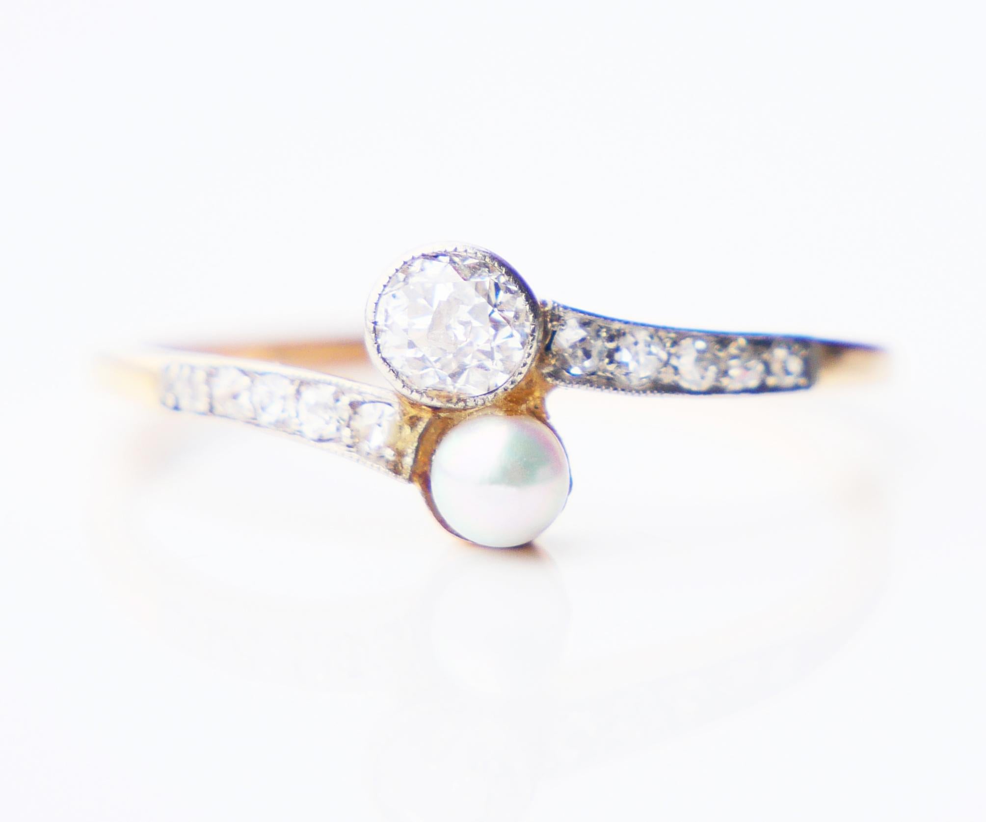 Art Nouveau Antique Cross Over Ring 0.45ctw. Diamonds Pearl 18K Gold Platinum ØUS7.5 /1.9gr  For Sale