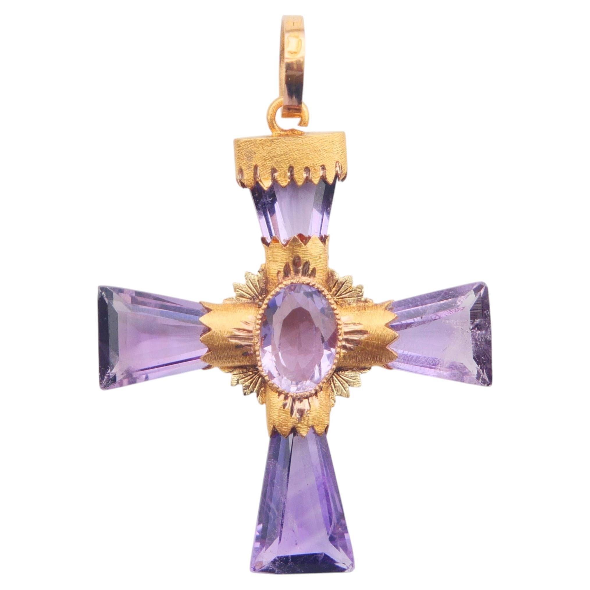 Antique Cross pendant natural Amethyst solid 18K Gold / 4.4 gr