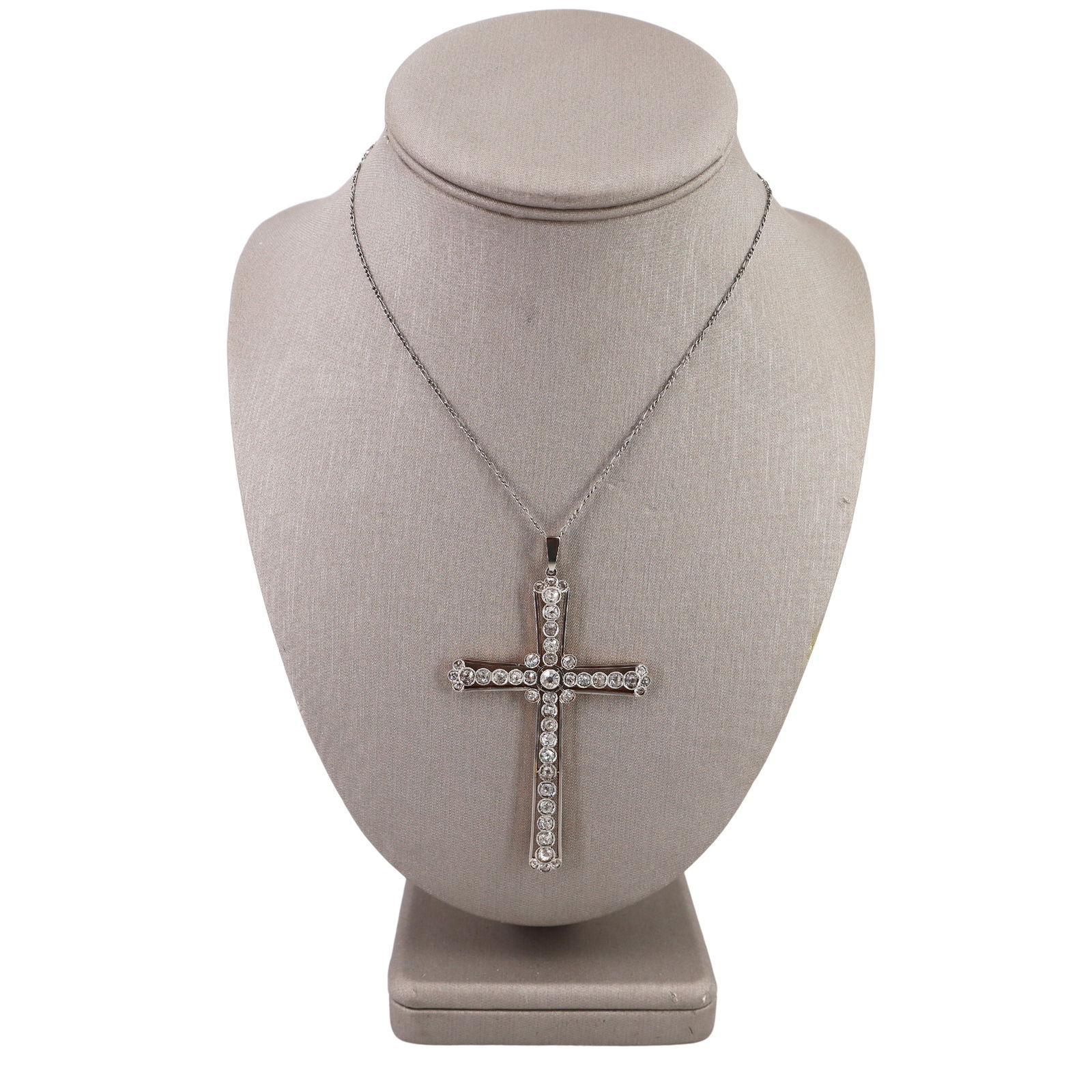 Old Mine Cut Antique Cross Pendant Necklace in Platinum & 18kt Gold with 3.60 CTW in Diamonds For Sale