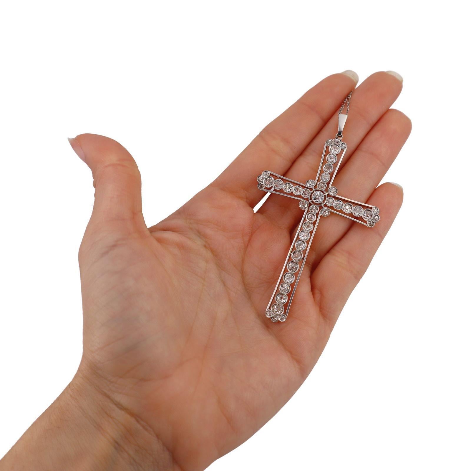 Antique Cross Pendant Necklace in Platinum & 18kt Gold with 3.60 CTW in Diamonds For Sale 1
