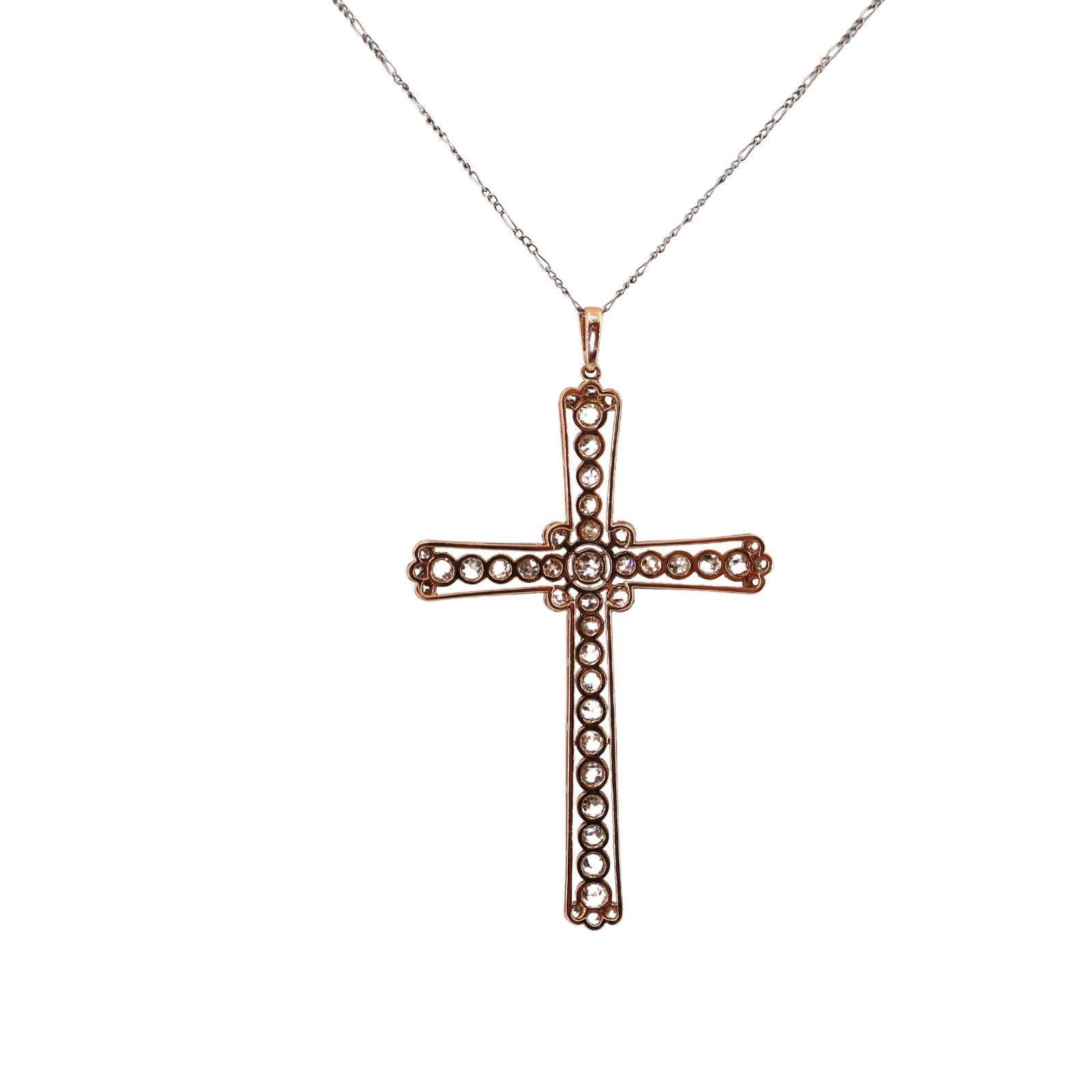 Antique Cross Pendant Necklace in Platinum & 18kt Gold with 3.60 CTW in Diamonds For Sale 2