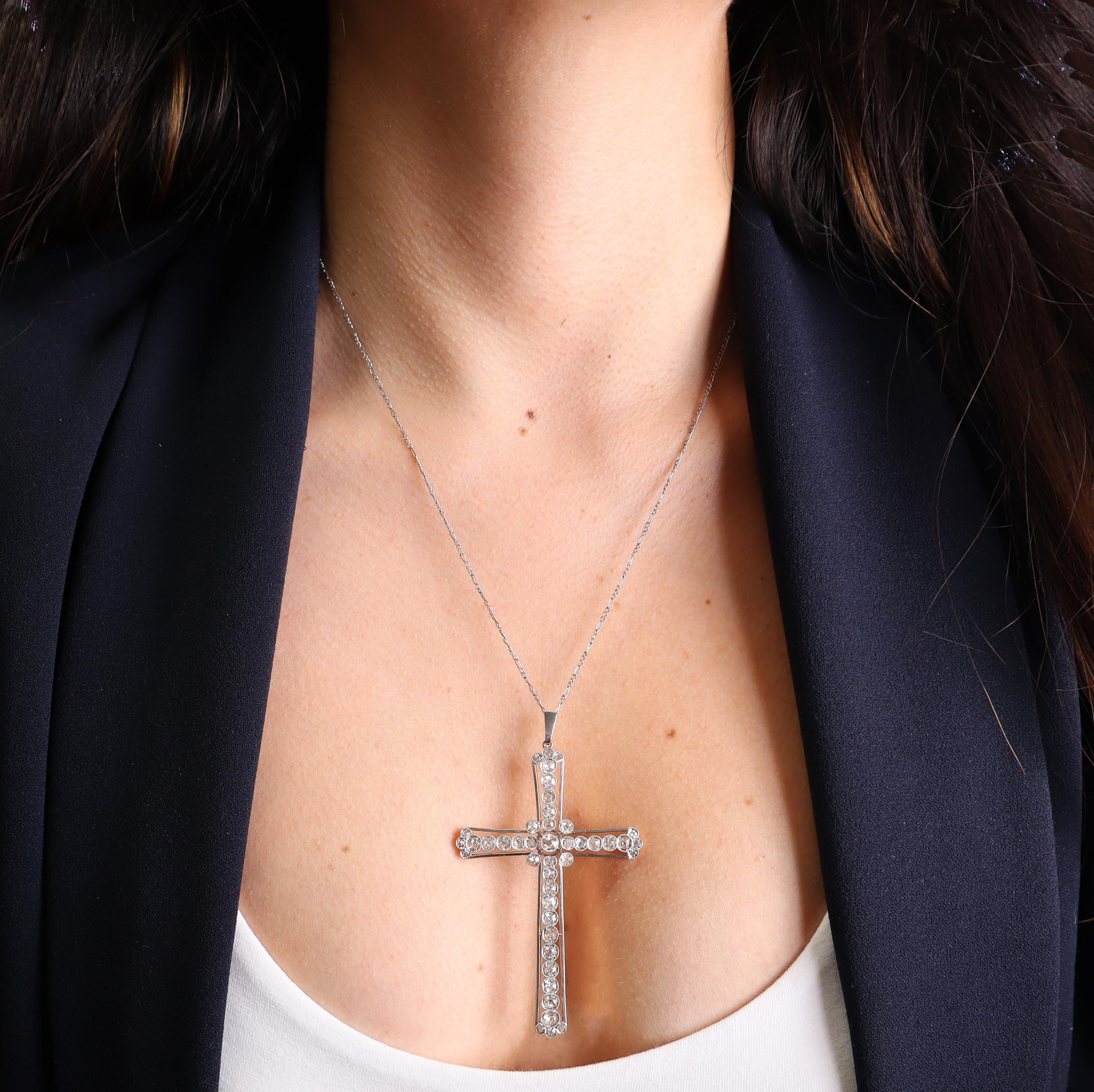 Antique Cross Pendant Necklace in Platinum & 18kt Gold with 3.60 CTW in Diamonds For Sale 3