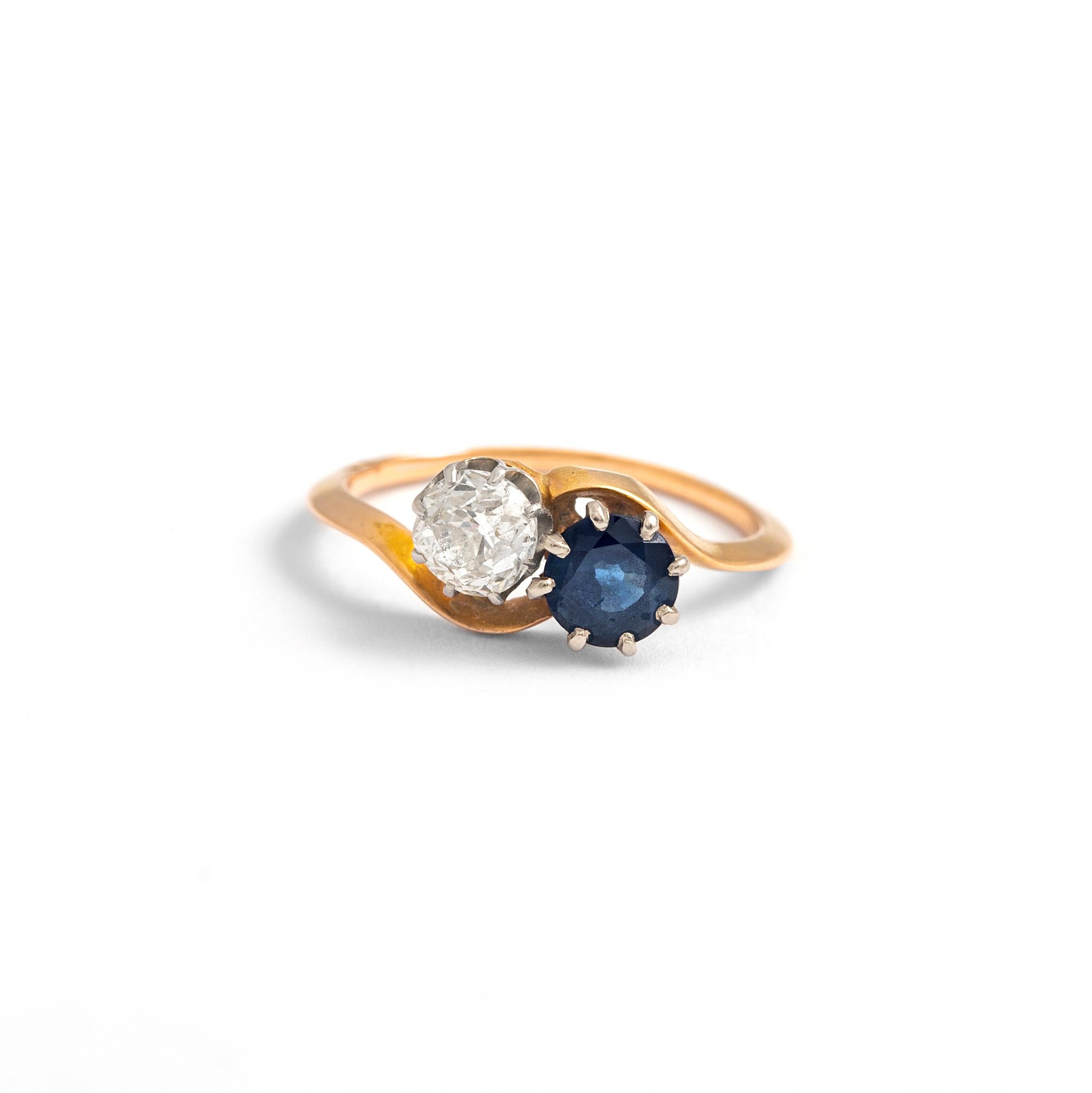 Old Mine Cut Antique Crossover Diamond Sapphire Platinum Gold Ring For Sale
