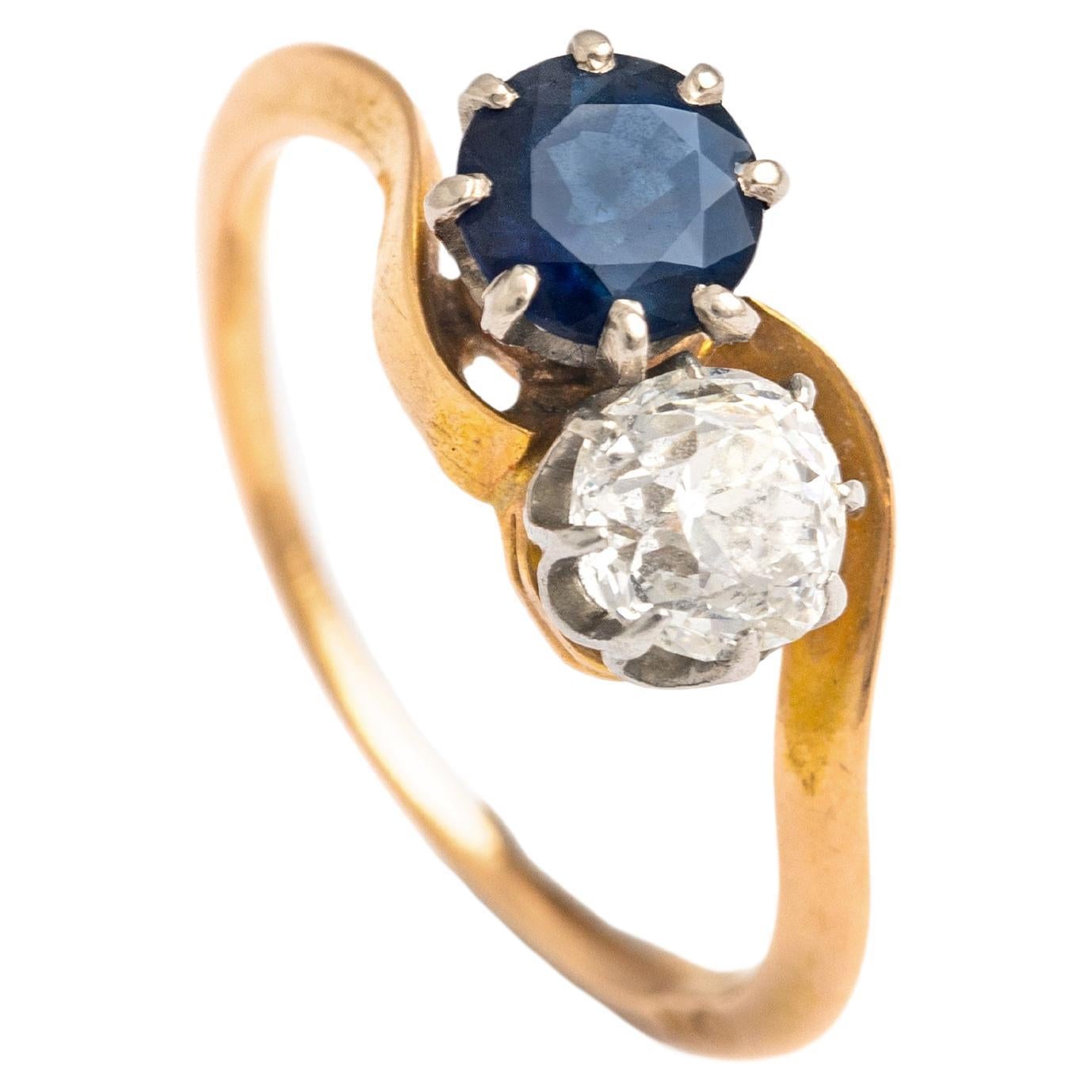 Antique Crossover Diamond Sapphire Platinum Gold Ring For Sale