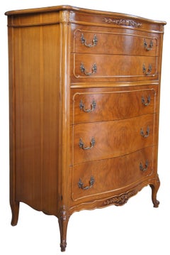 Antique Crotch Walnut French Provincial Louis XV Serpentine High Tallboy Dresser